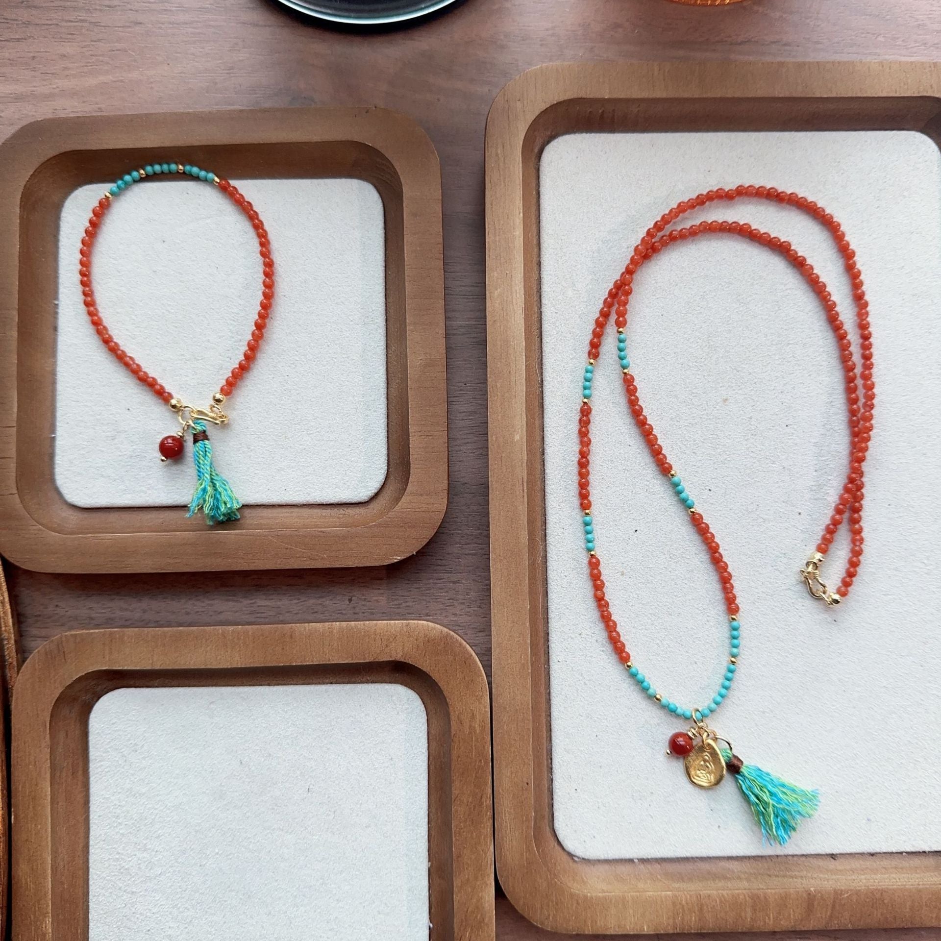 Jekira Red Agate & Turquoise Tassel Necklace with Adjustable 925 Silver Bracelet Set