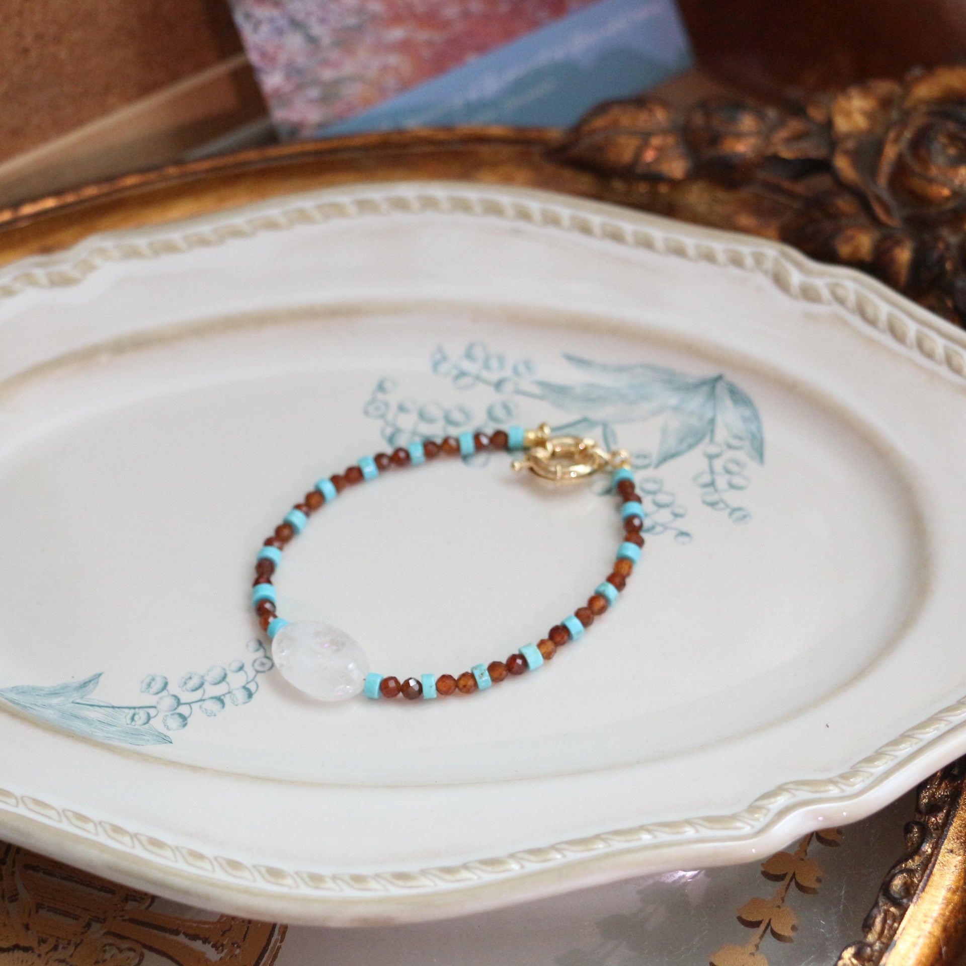 JEKIRA Oval White Quartz & Turquoise Bead Trio Set with Spessartine Garnet