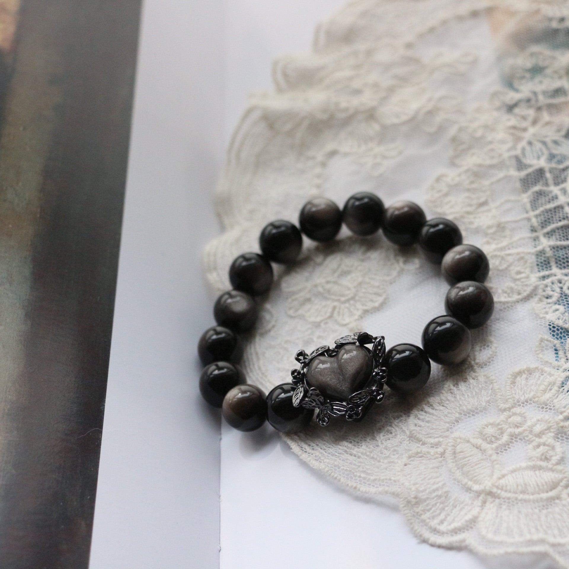 Jekira Obsidian Bracelet with Black Heart & Rose Detail