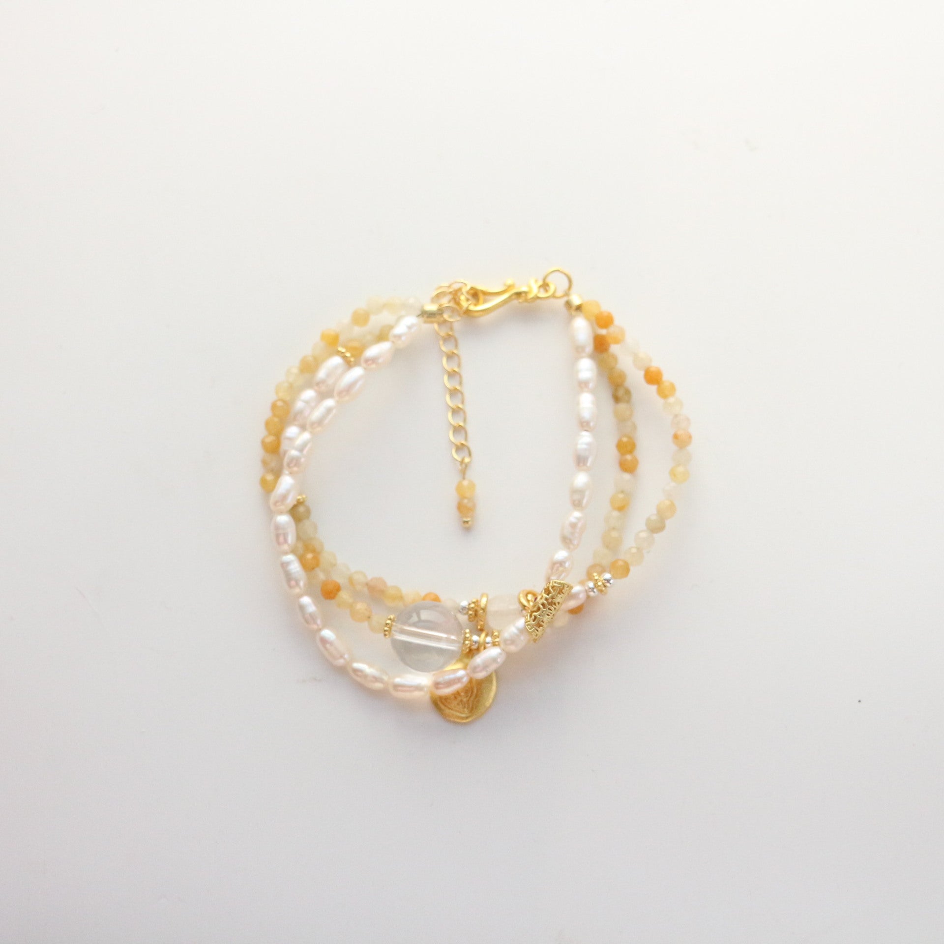 JEKIRA Autumn-Inspired Triple-Layer Yellow Jade & Baroque Pearl Bracelet