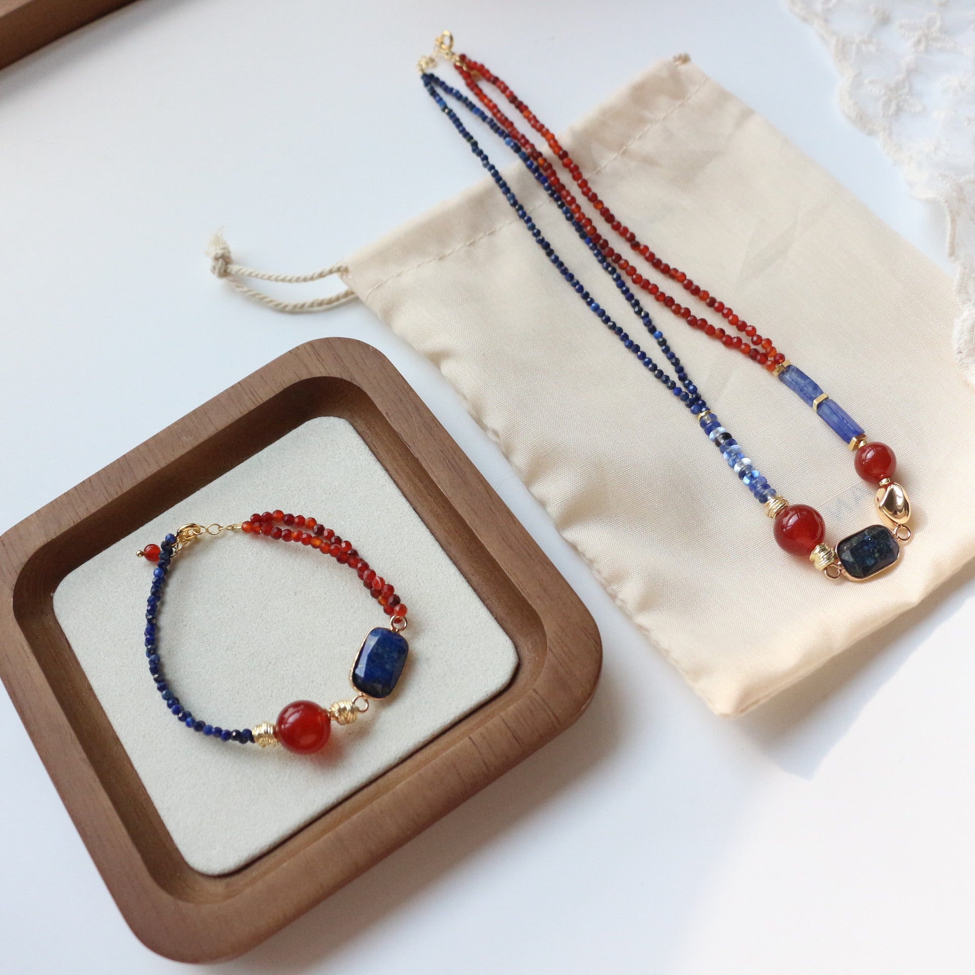 Jekira Lapis Lazuli & Red Agate Beaded Necklace and Bracelet Set