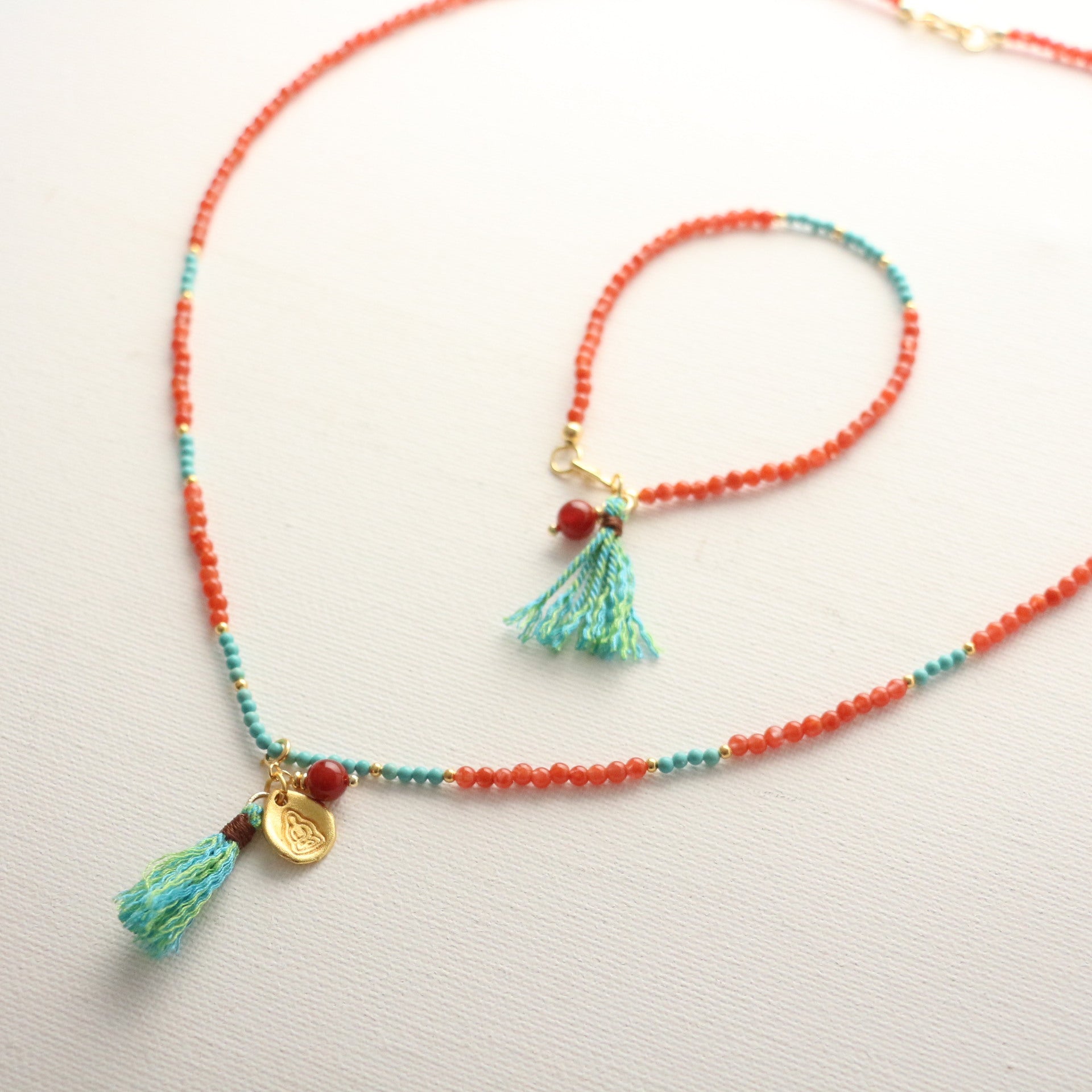 Jekira Red Agate & Turquoise Tassel Necklace with Adjustable 925 Silver Bracelet Set