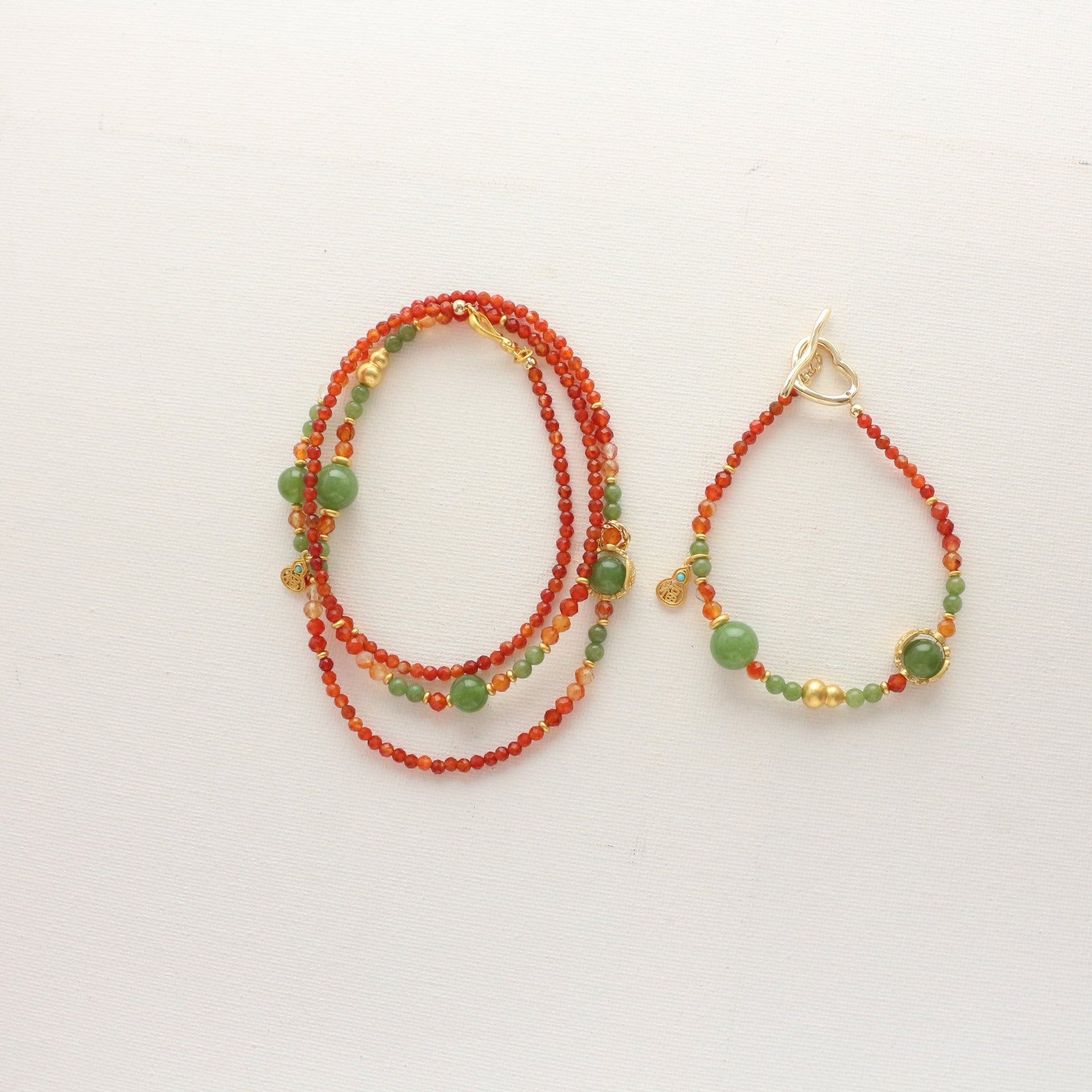 Jekira Retro New Chinese Red Agate & Green Chrysoprase Jewelry Set