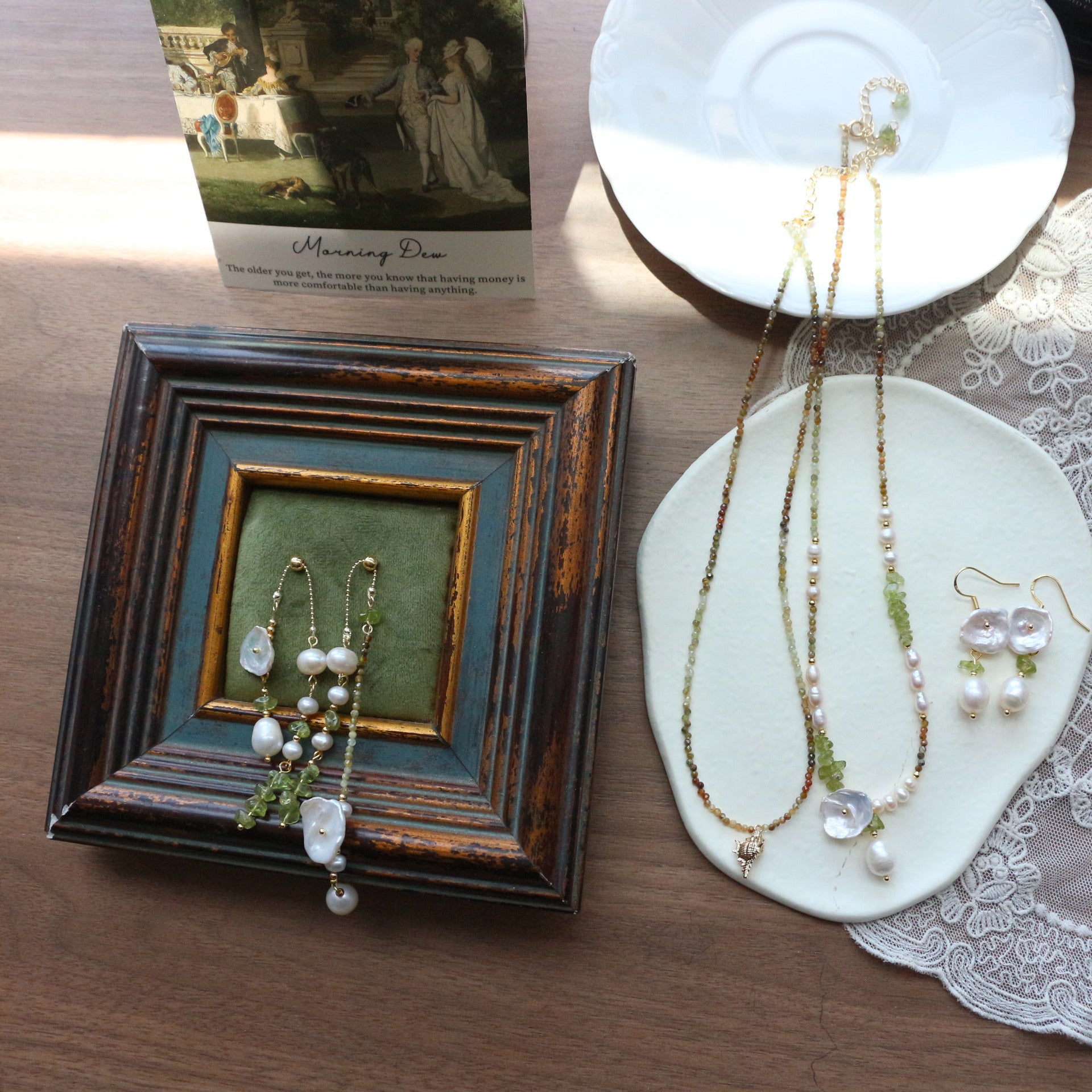 Jekira Green Gemstone & Baroque Pearl Jewelry Set (Necklace+Earrings)