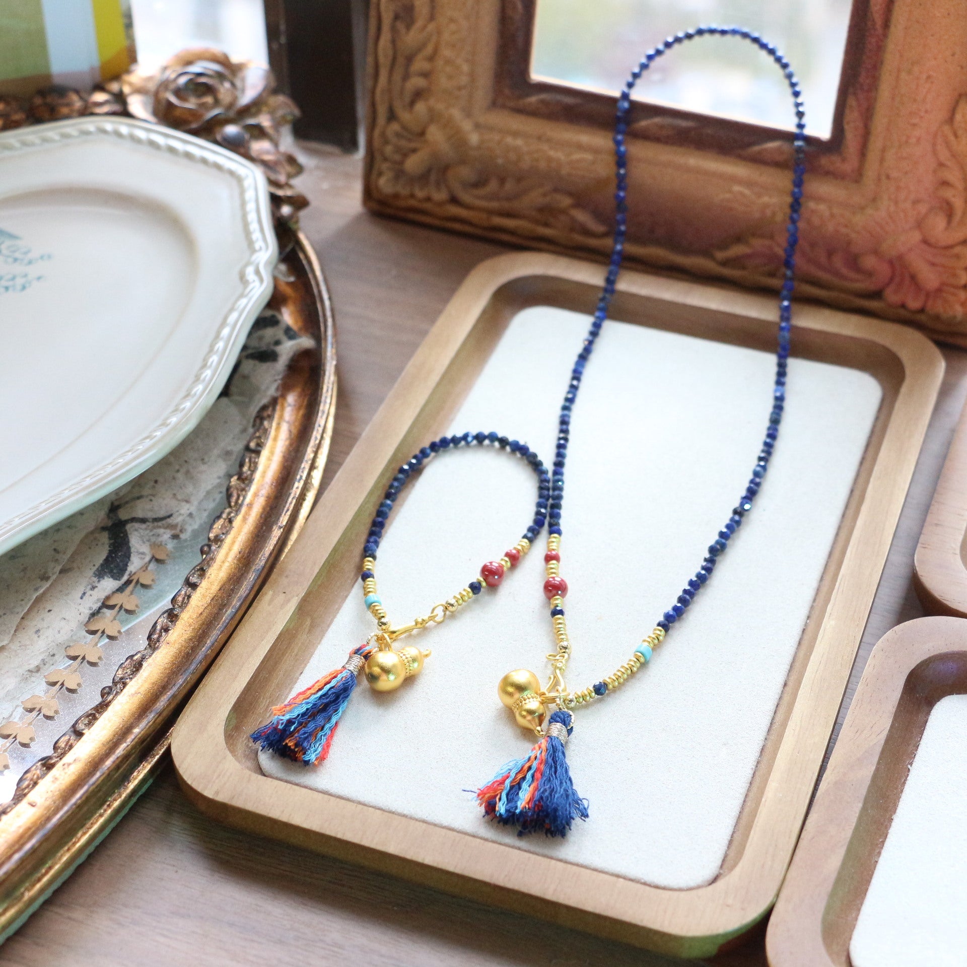 Jekira Lapis Lazuli & Imperial Sand Gourd Tassel Necklace and Bracelet Set