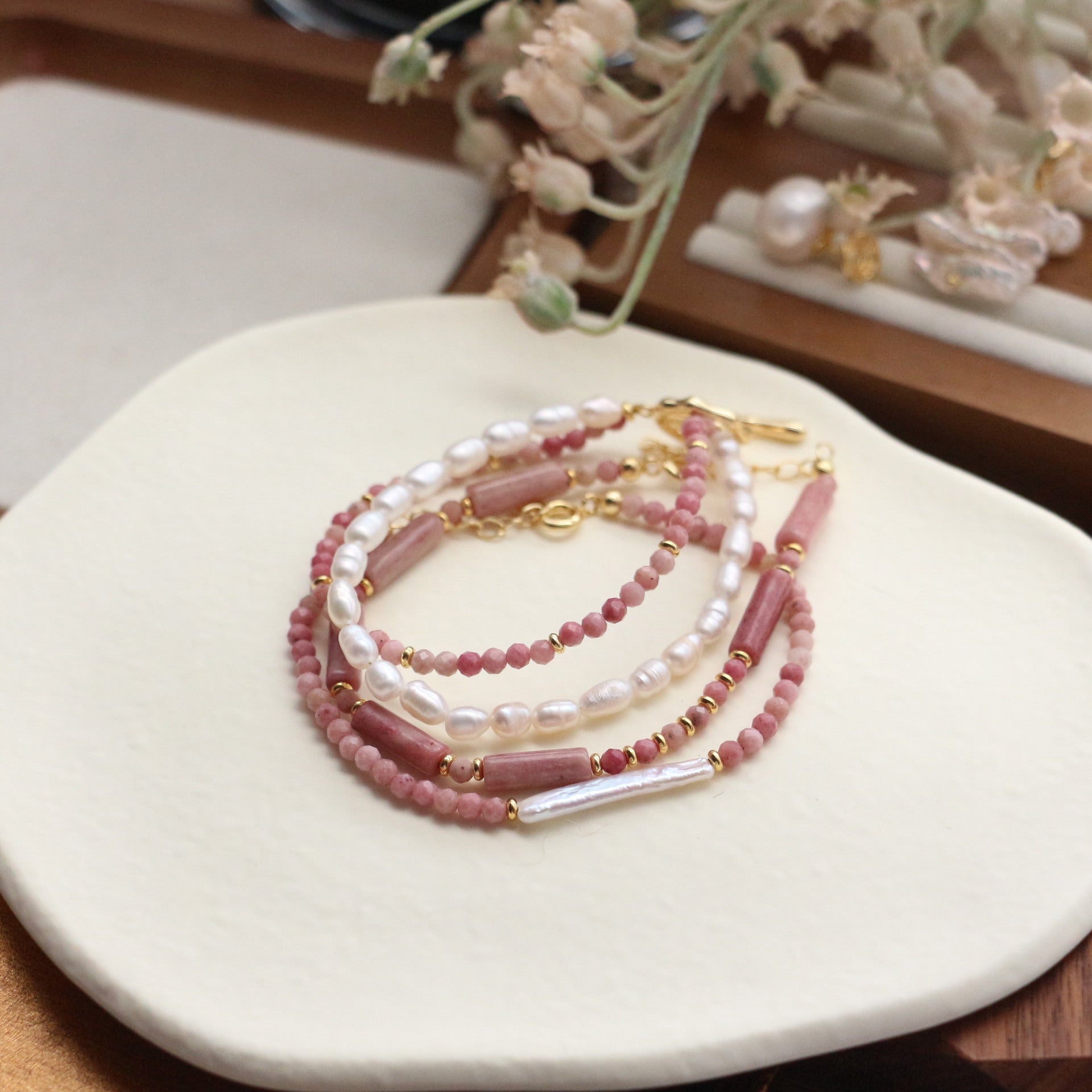 Jekira 6-Piece Rhodonite & Baroque Pearl Set