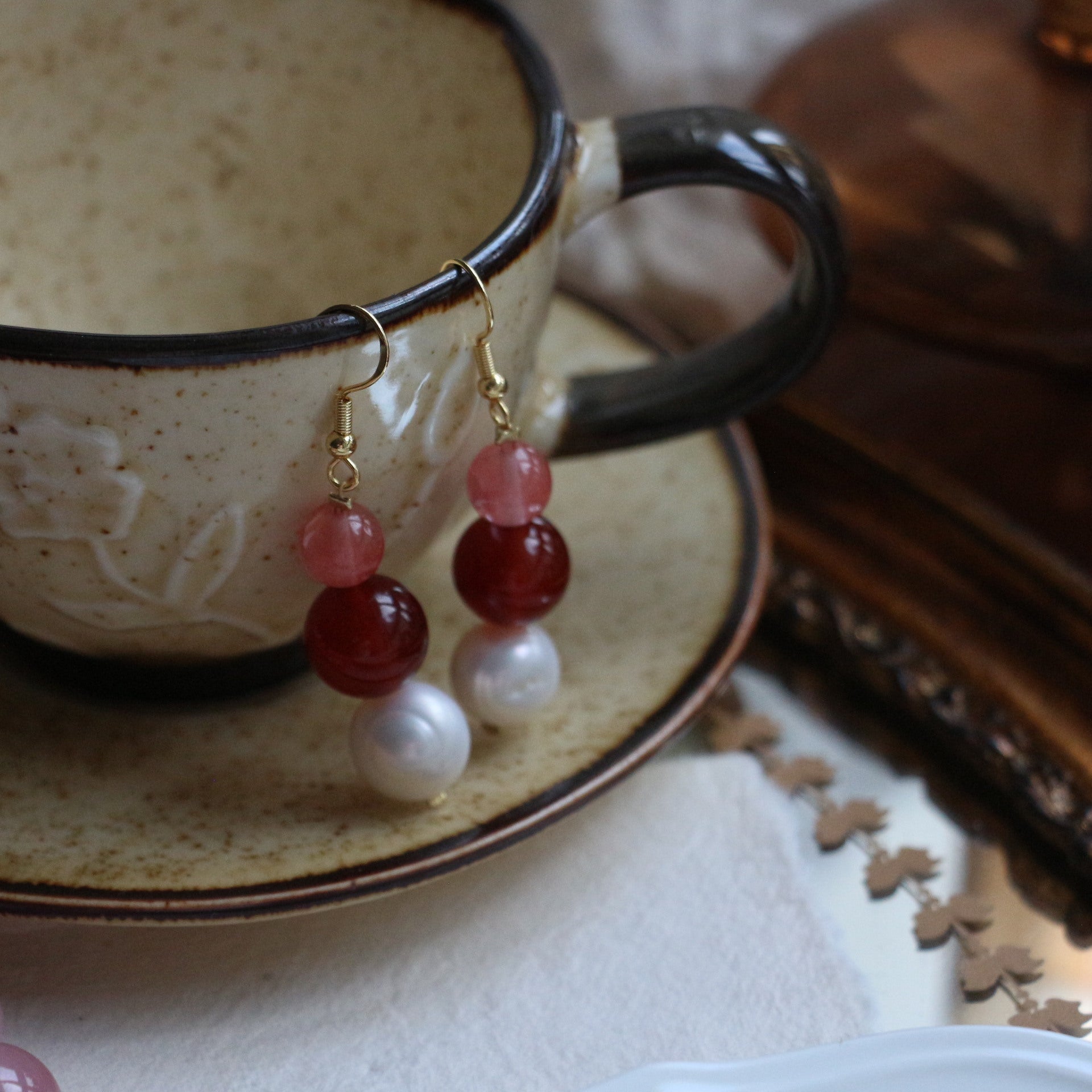 Jekira Pearl & Red Agate Drop Earrings