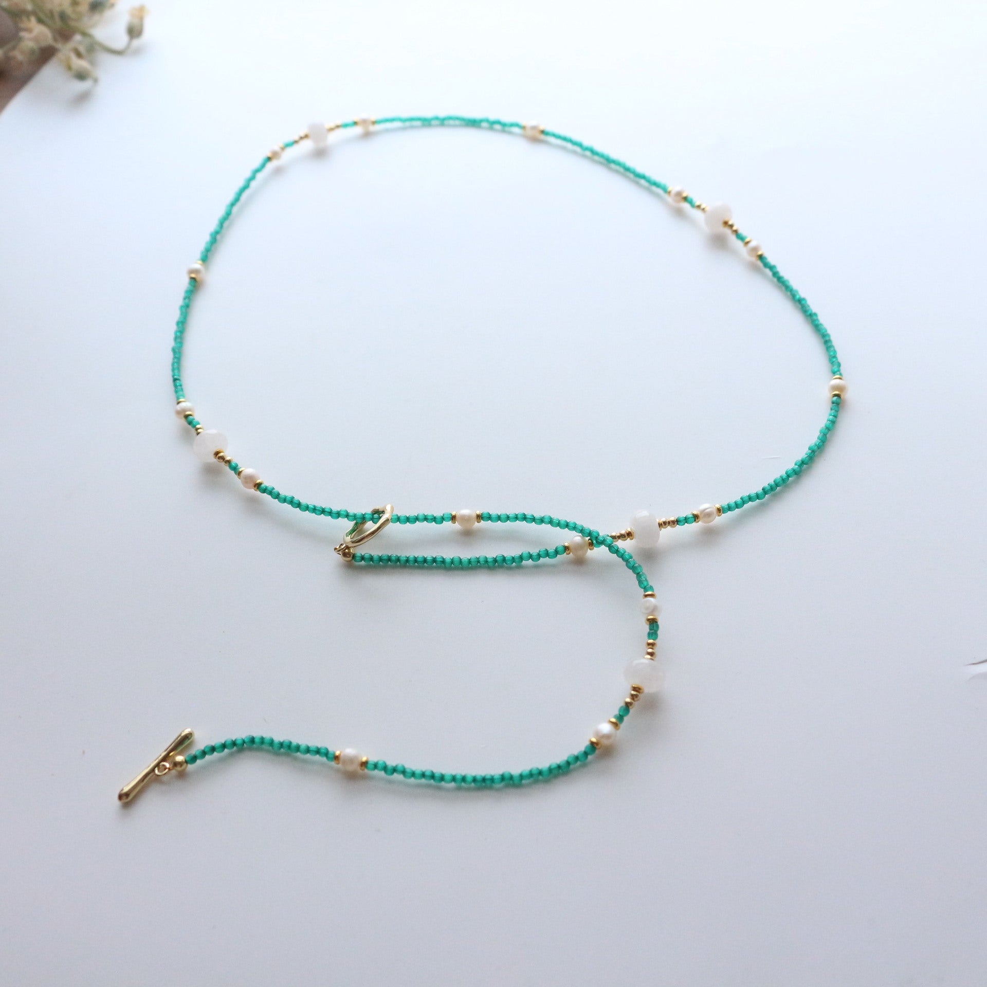 JEKIRA Green Gemstone & Baroque Pearl Long Necklace – 70cm