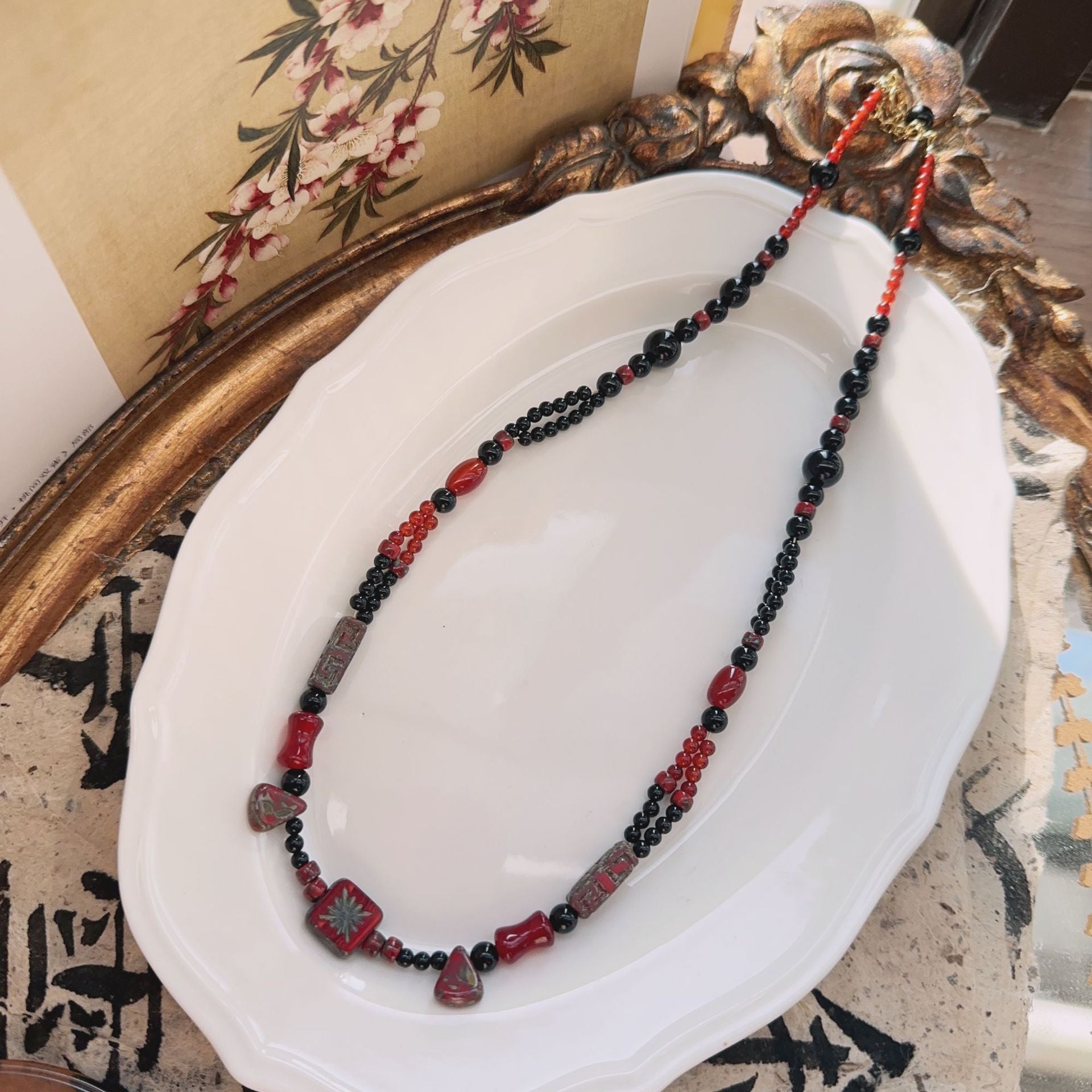 Jekira Black & Green Agate Necklace and Red & Black Agate Bead Necklace