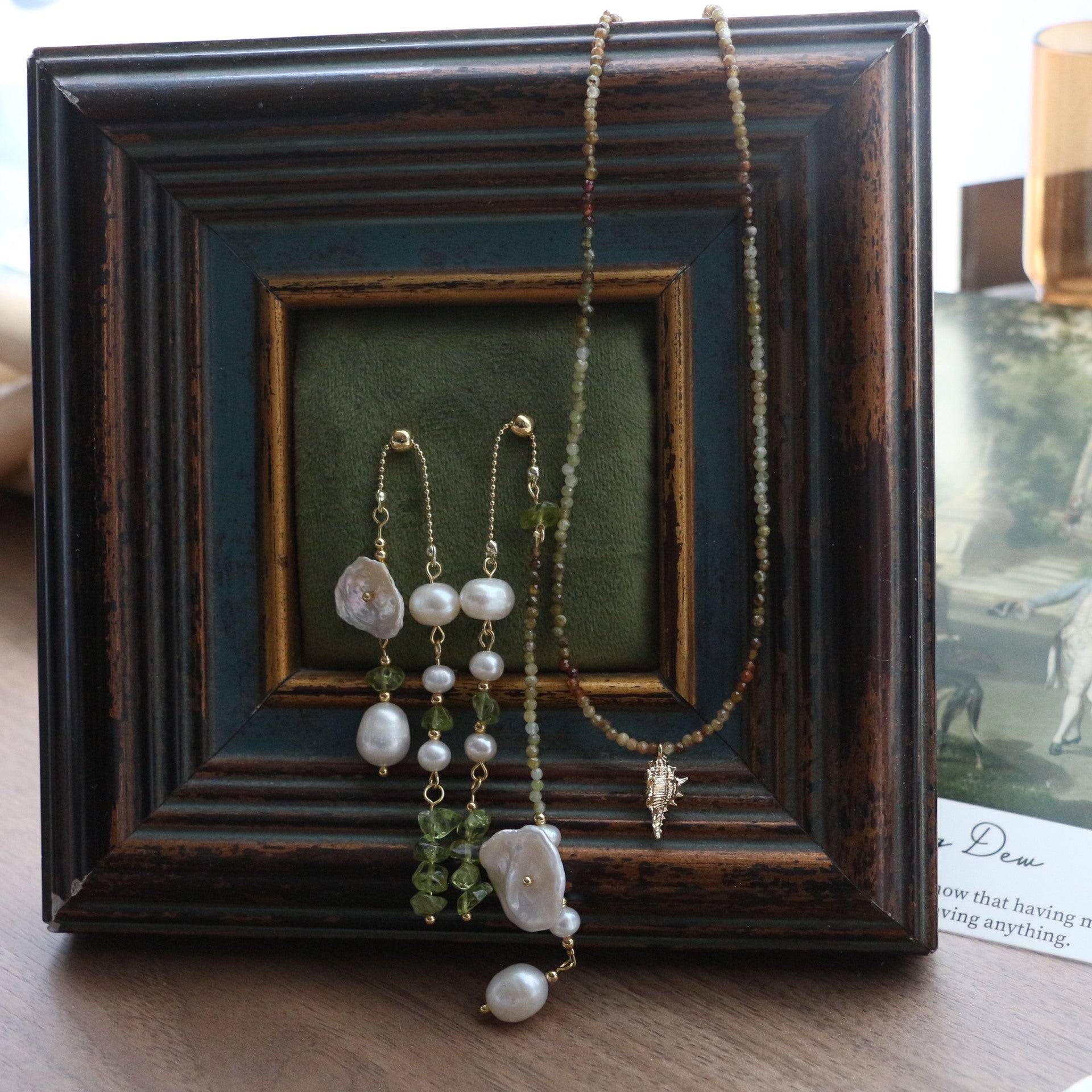 Jekira Green Gemstone & Baroque Pearl Jewelry Set (Necklace+Earrings)