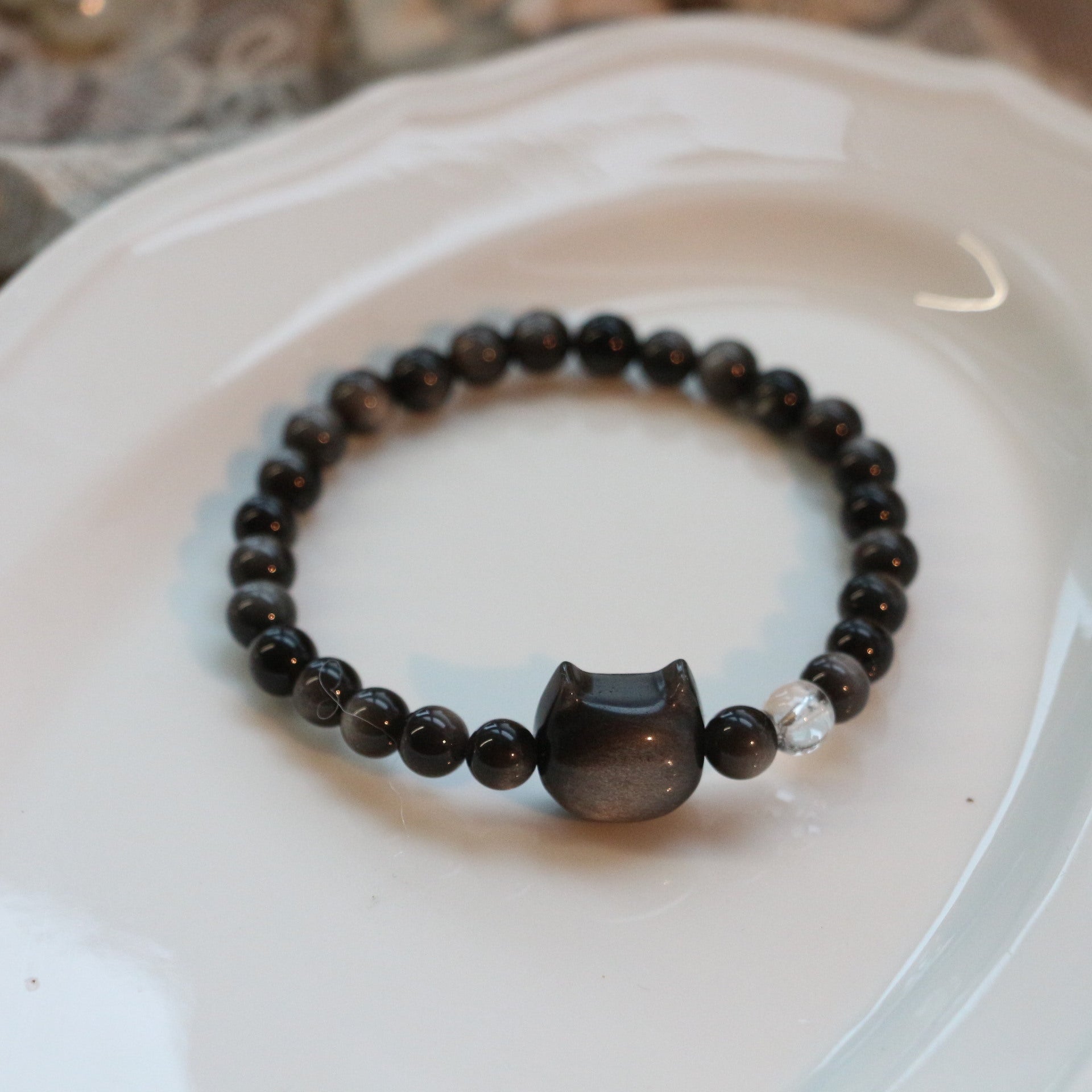 JEKIRA Minimalist Obsidian & Cat Charm Bracelet Set