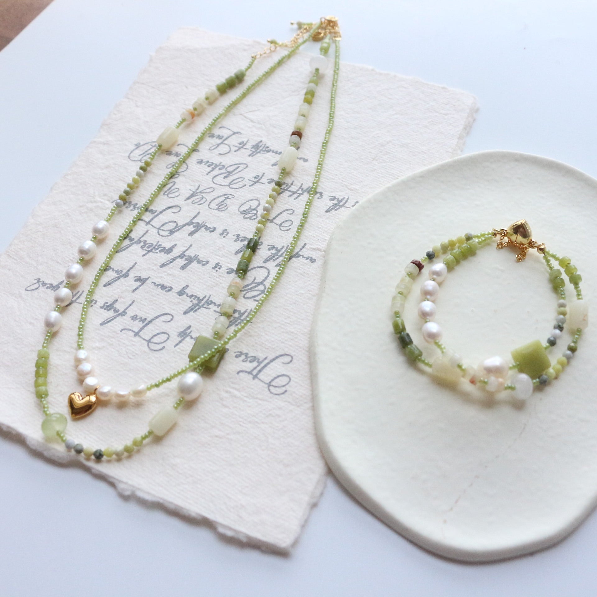 JEKIRA Vintage Green Gemstone & Pearl Jewelry Set