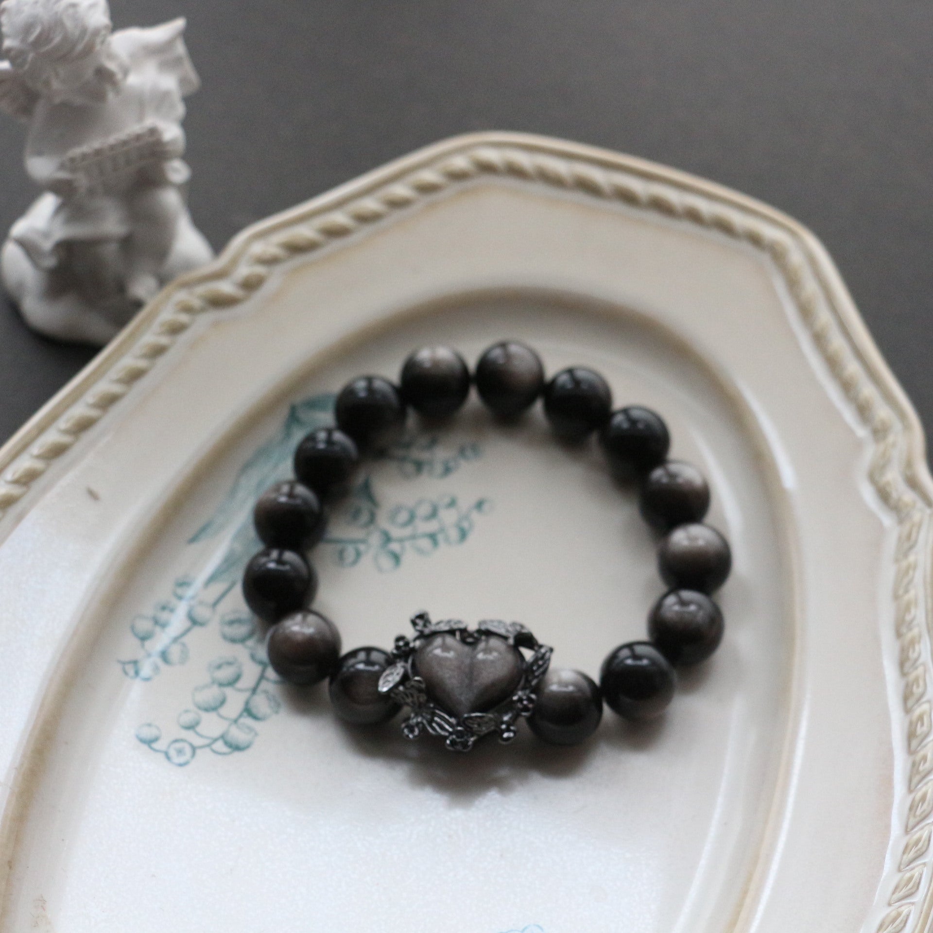 Jekira Obsidian Bracelet with Black Heart & Rose Detail