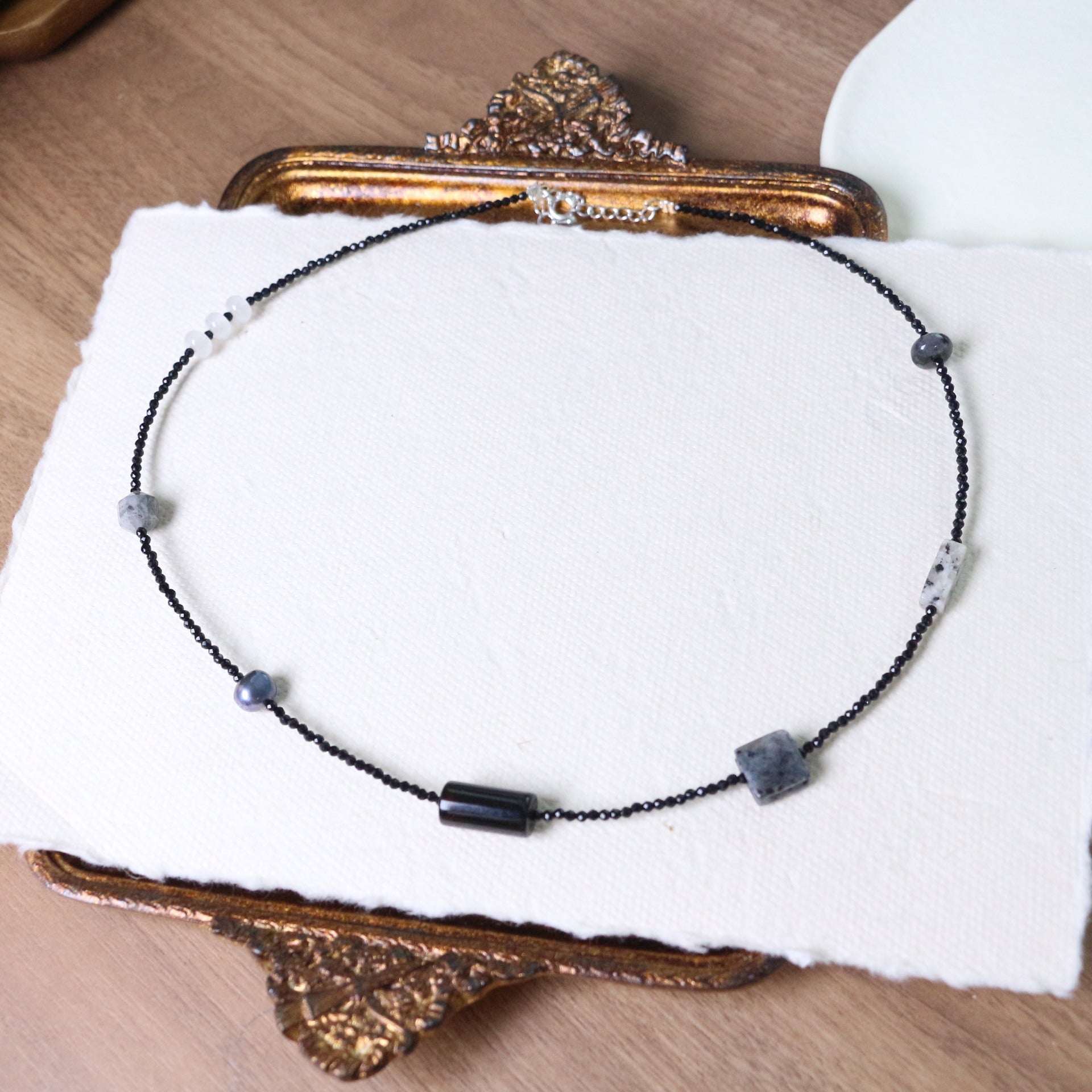 JEKIRA Delicate 2mm Black Natural Stone Bead Necklace - Adjustable 44+5cm