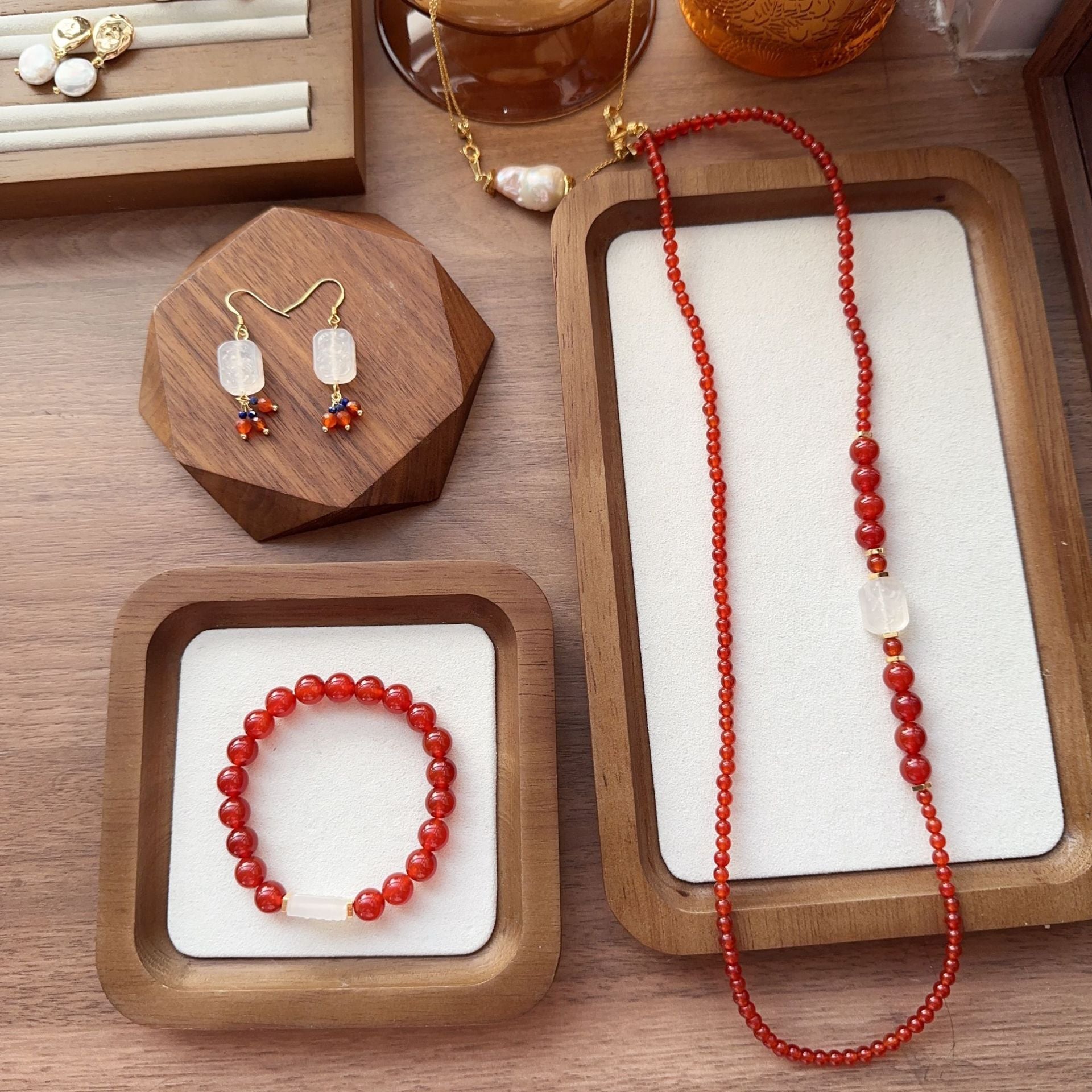 Jekira 7A Red Agate Long Necklace & Bracelet Set