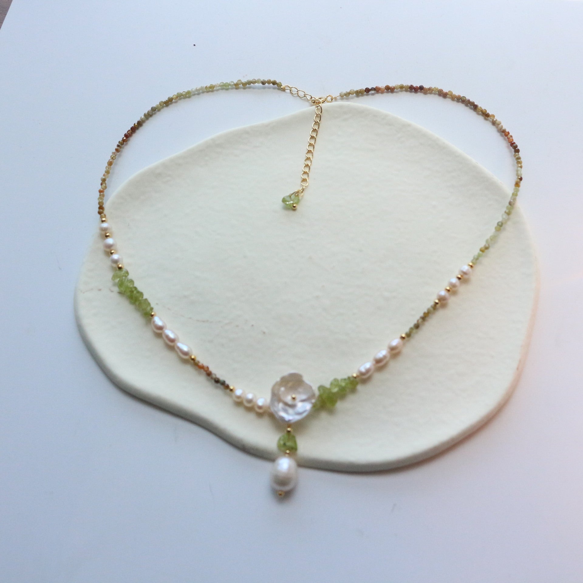 Jekira Green Gemstone & Baroque Pearl Jewelry Set (Necklace+Earrings)
