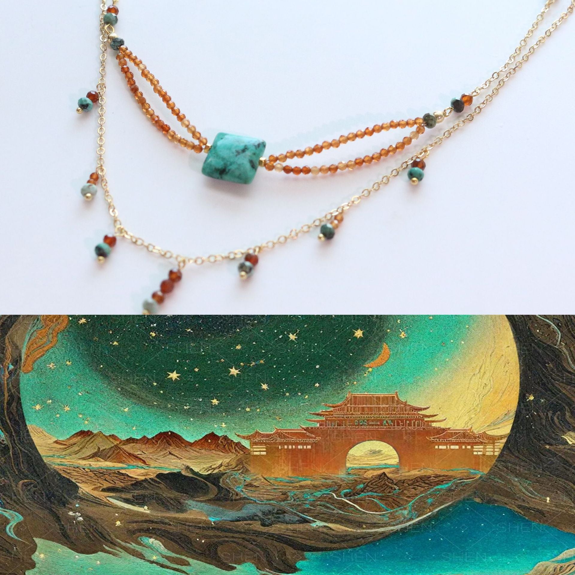 JEKIRA Sunset Oasis Turquoise & Spessartine Garnet Layering Necklace Duo
