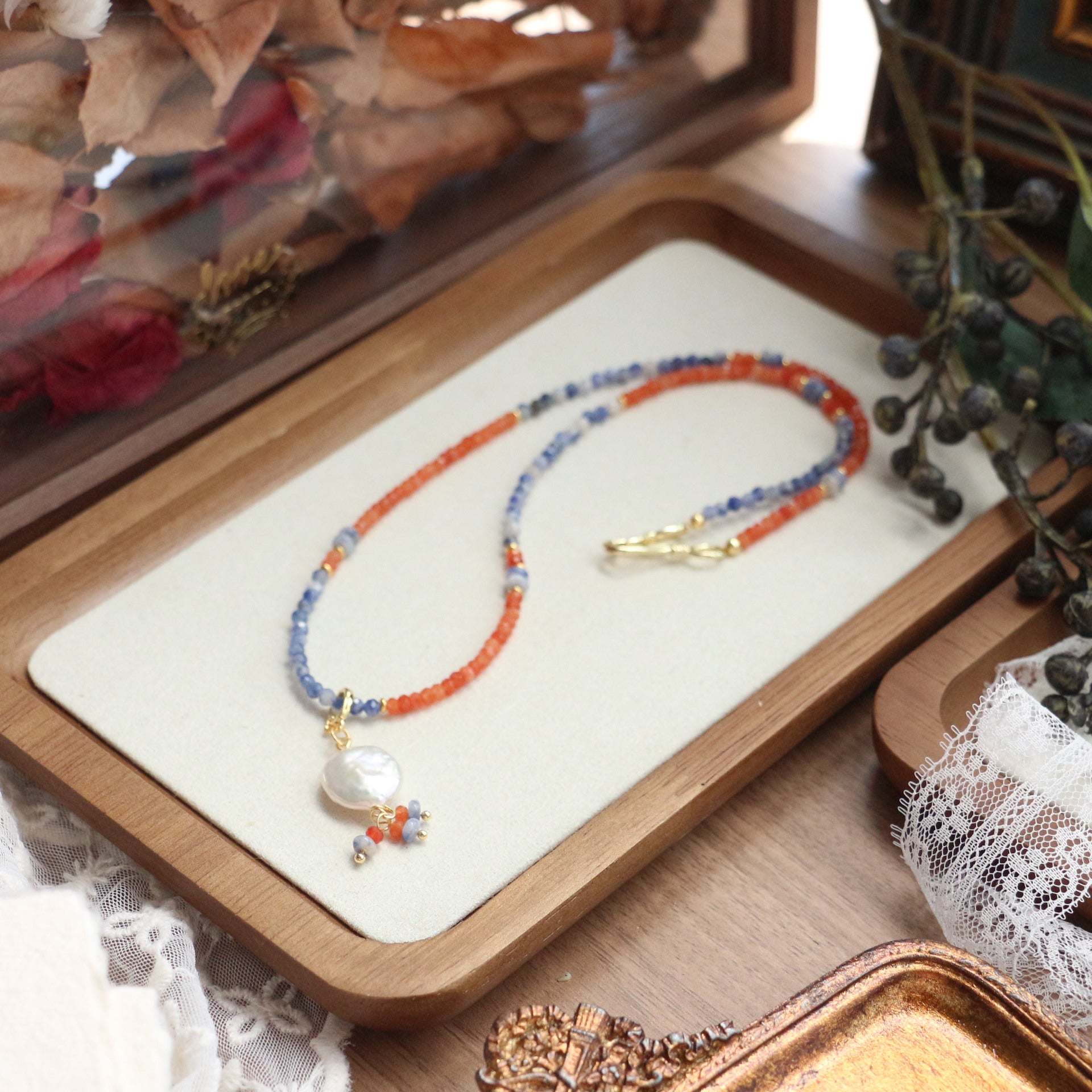 Jekira Retro Chinese Orange & Blue Gemstone Pearl Necklace