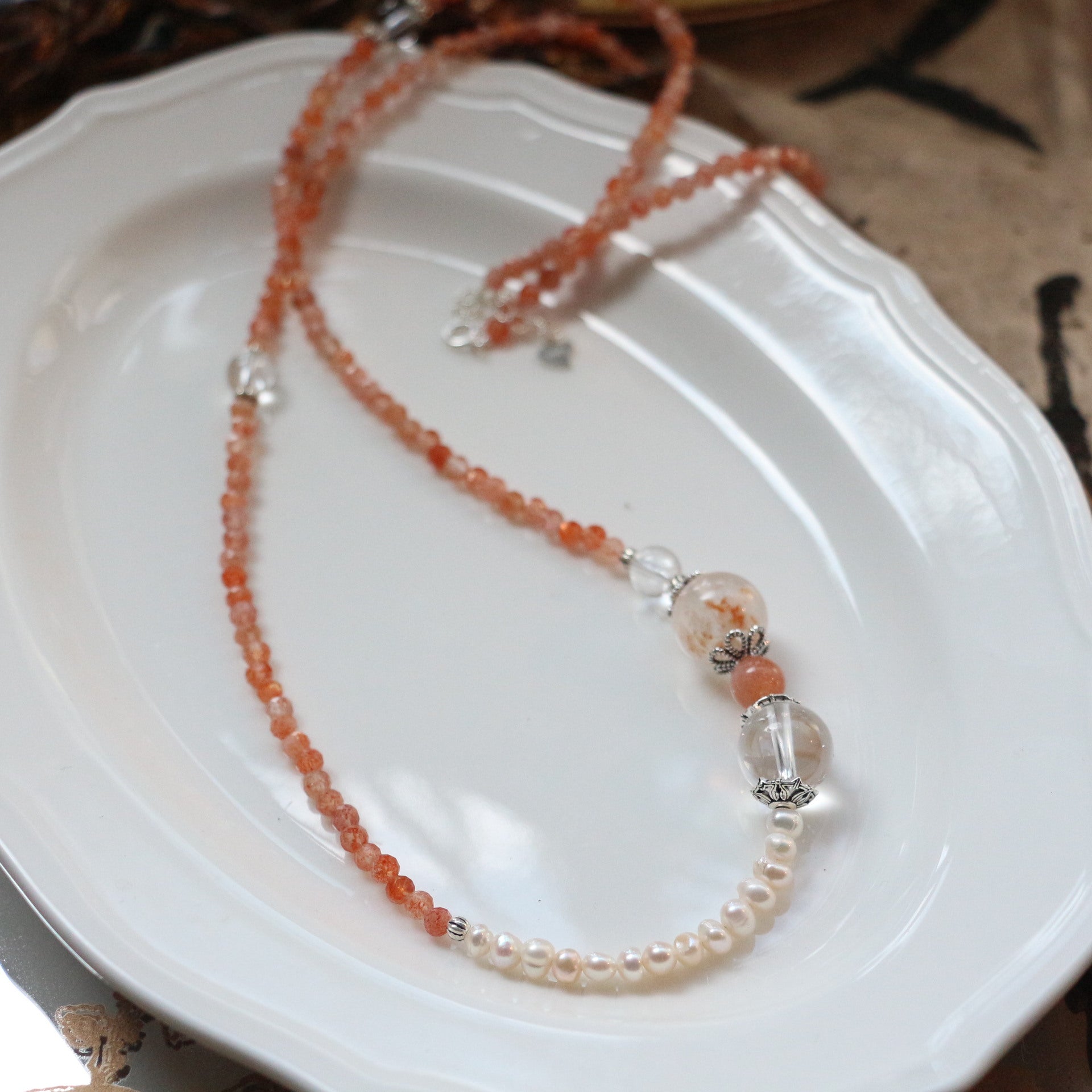 Jekira Sunstone & S925 Silver Pearl Necklace