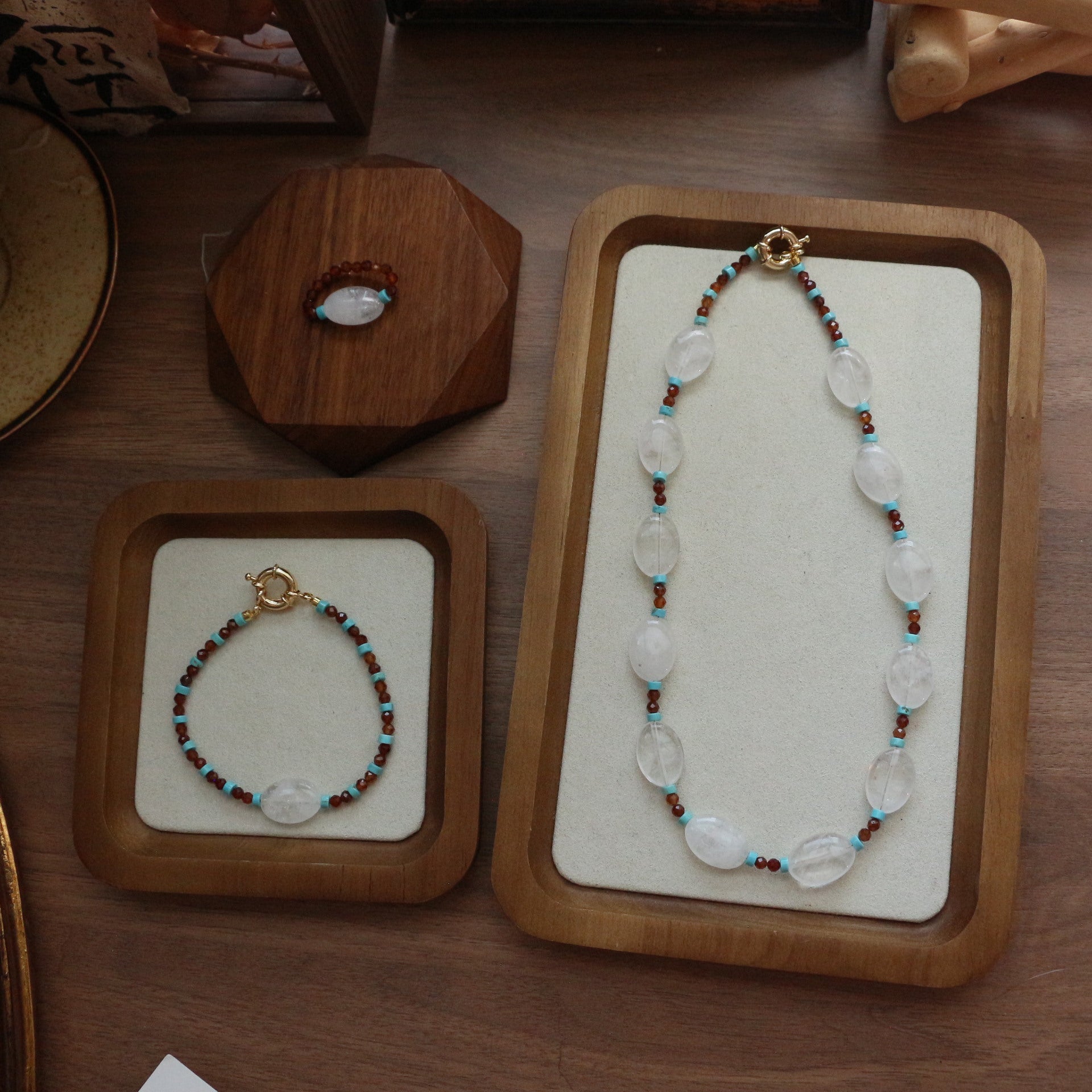 JEKIRA Oval White Quartz & Turquoise Bead Trio Set with Spessartine Garnet