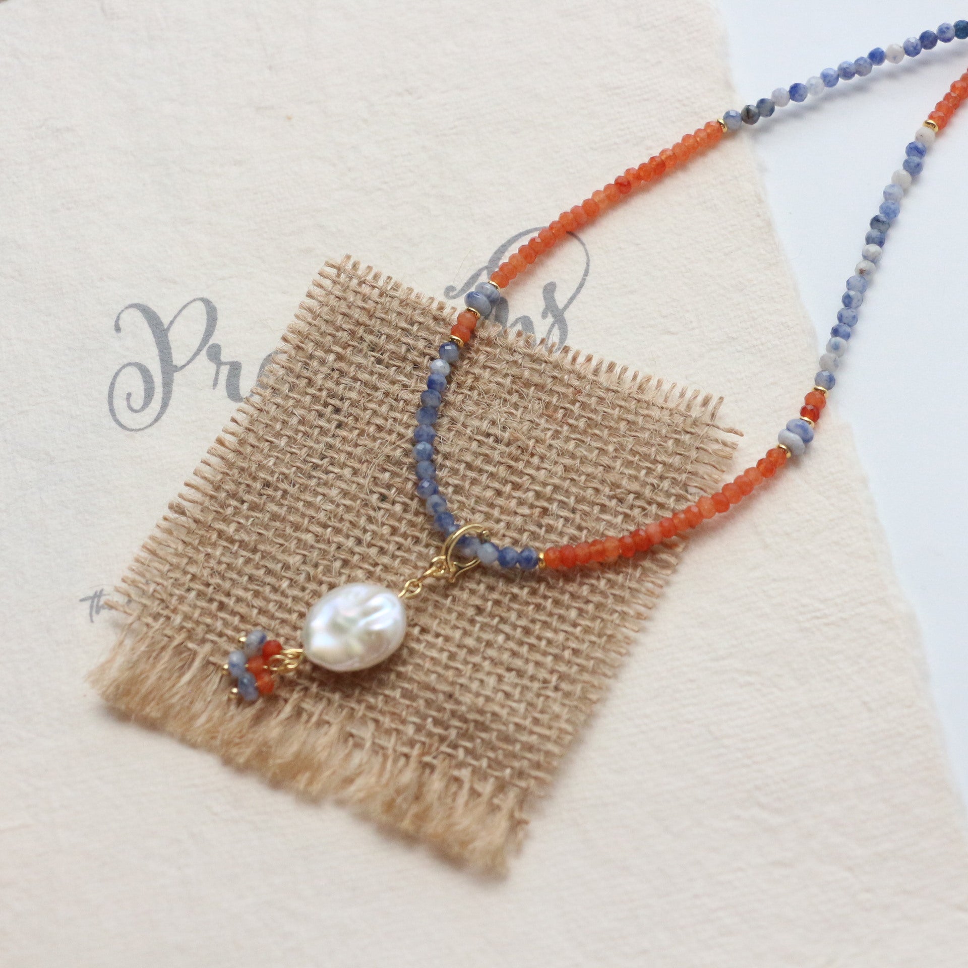 Jekira Retro Chinese Orange & Blue Gemstone Pearl Necklace