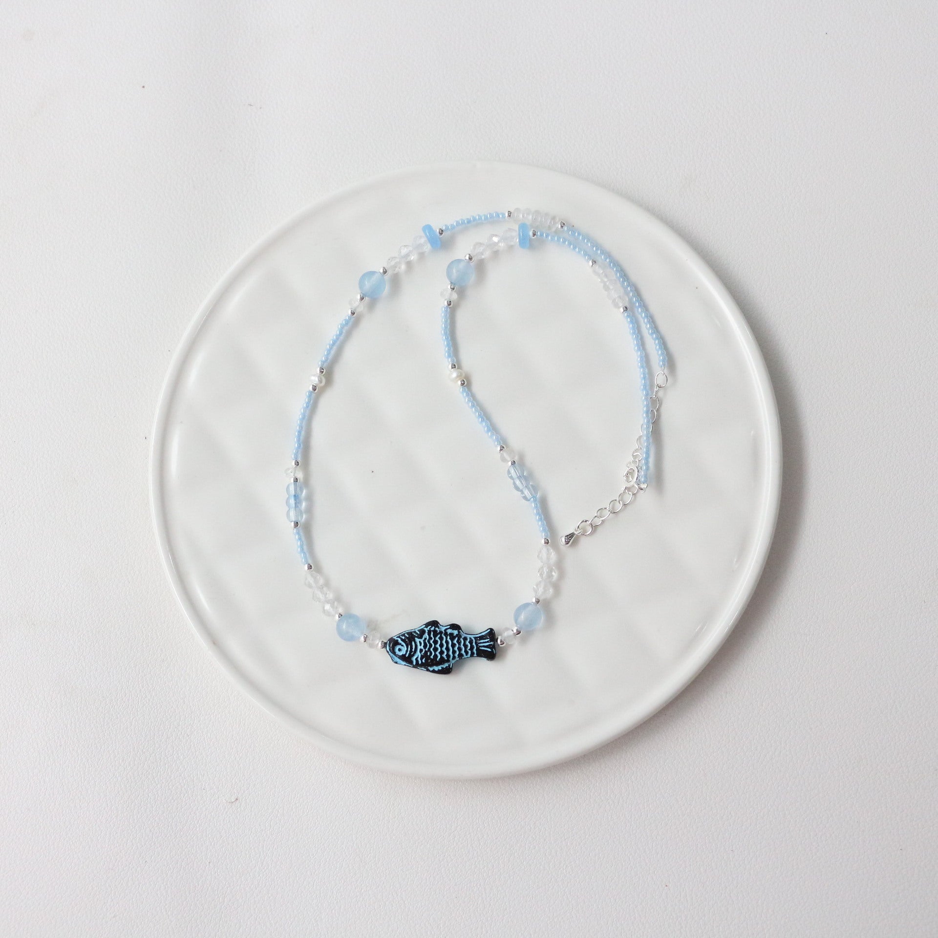 JEKIRA Light Blue Czech Bead Necklace – Fish Pendant 40cm