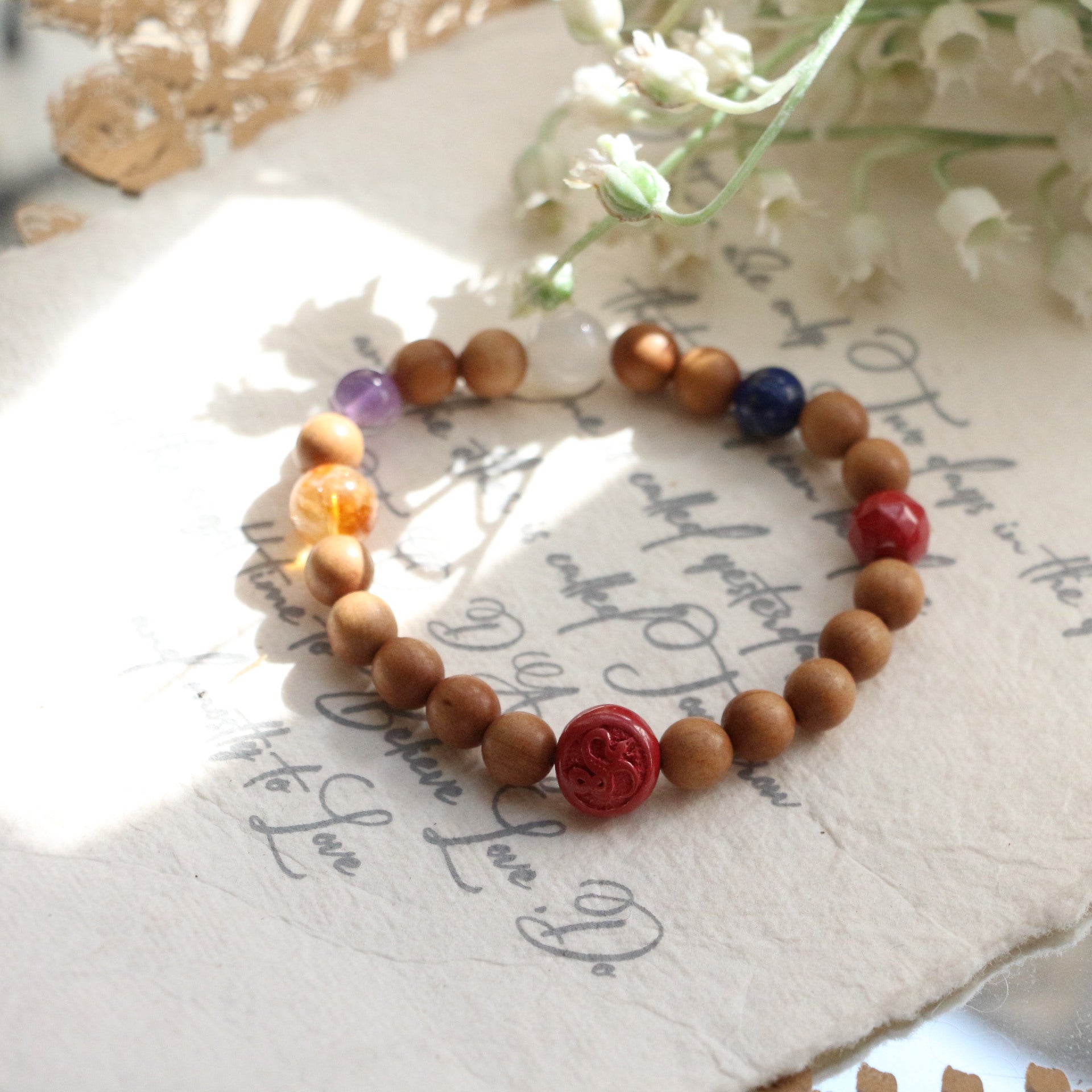 Jekira Chakra Balancing Bracelet: Sandalwood & Multi-Crystal with Royal Cinnabar