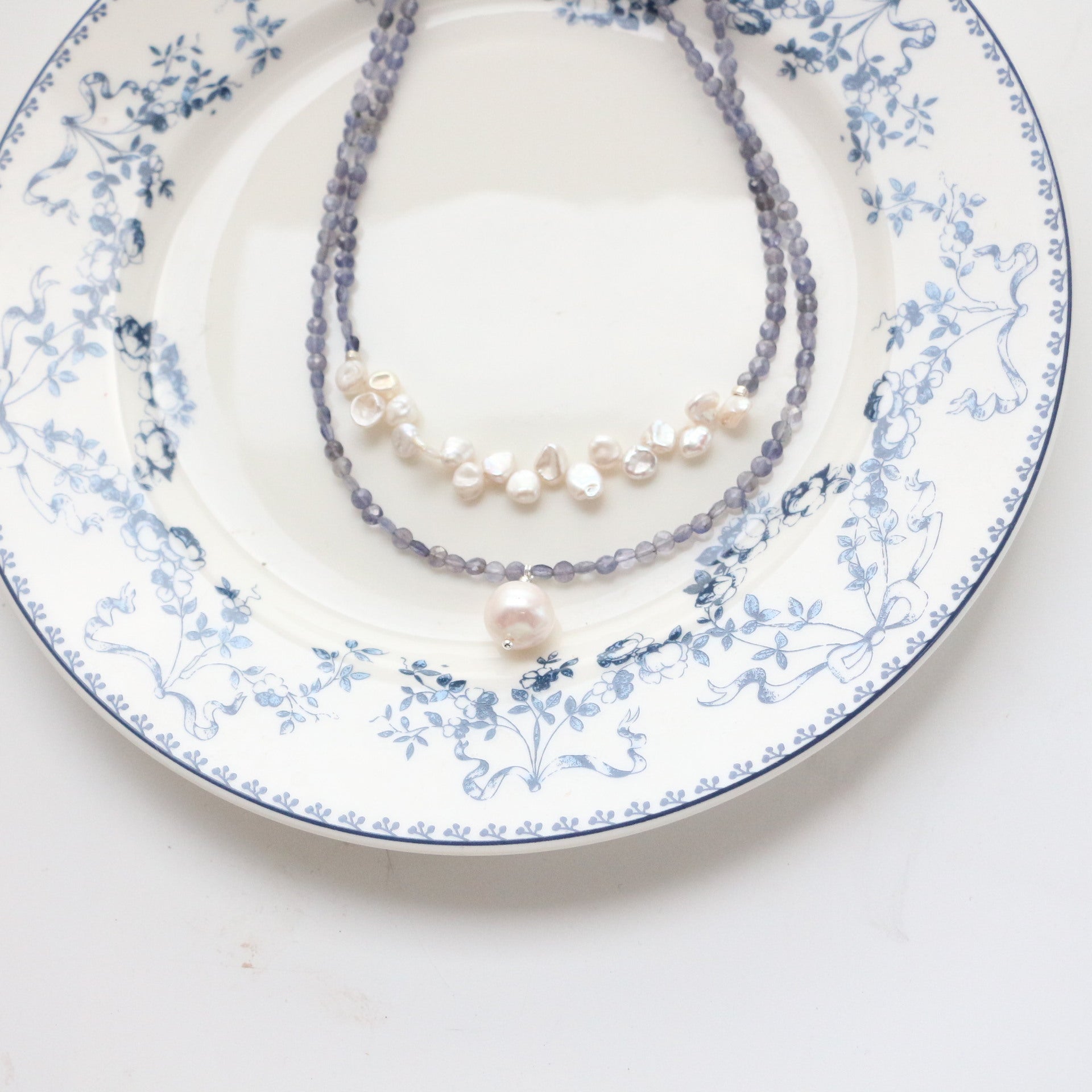 Jekira Chinese-Inspired Blue Gemstone & Petal Pearl Necklace Set