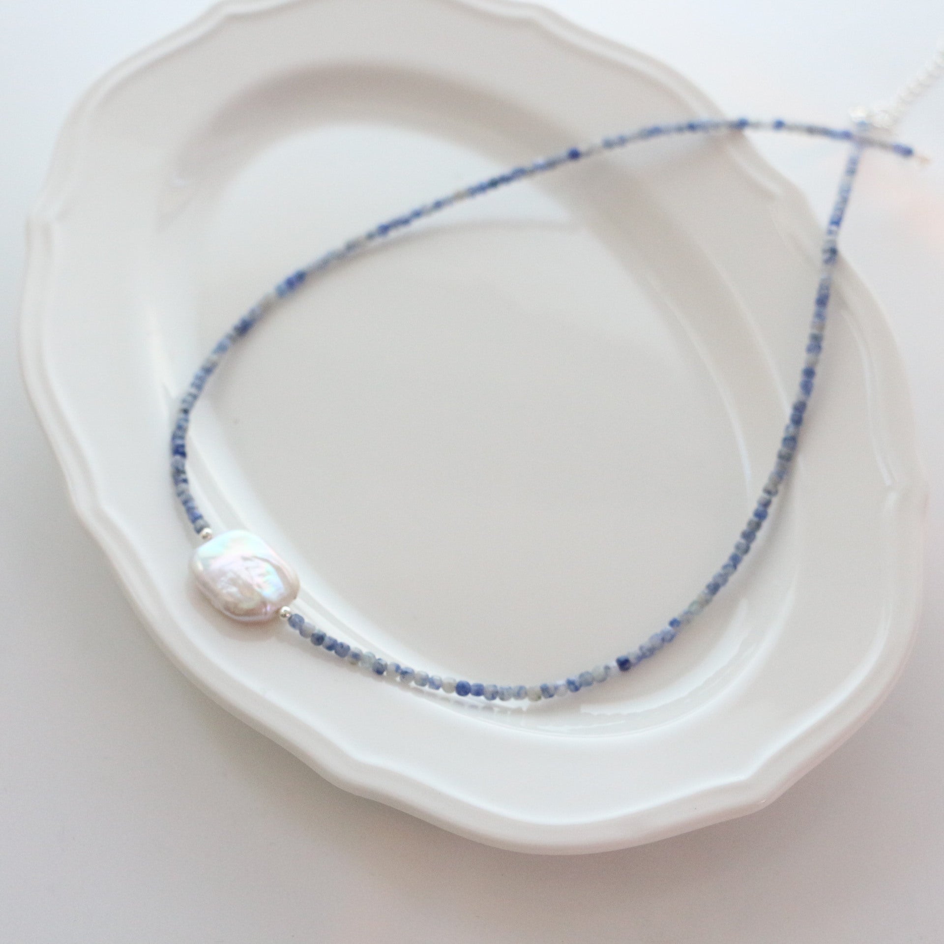 Jekira Blue Lace Agate & Pearl Set – 925 Silver Necklace & Bracelet