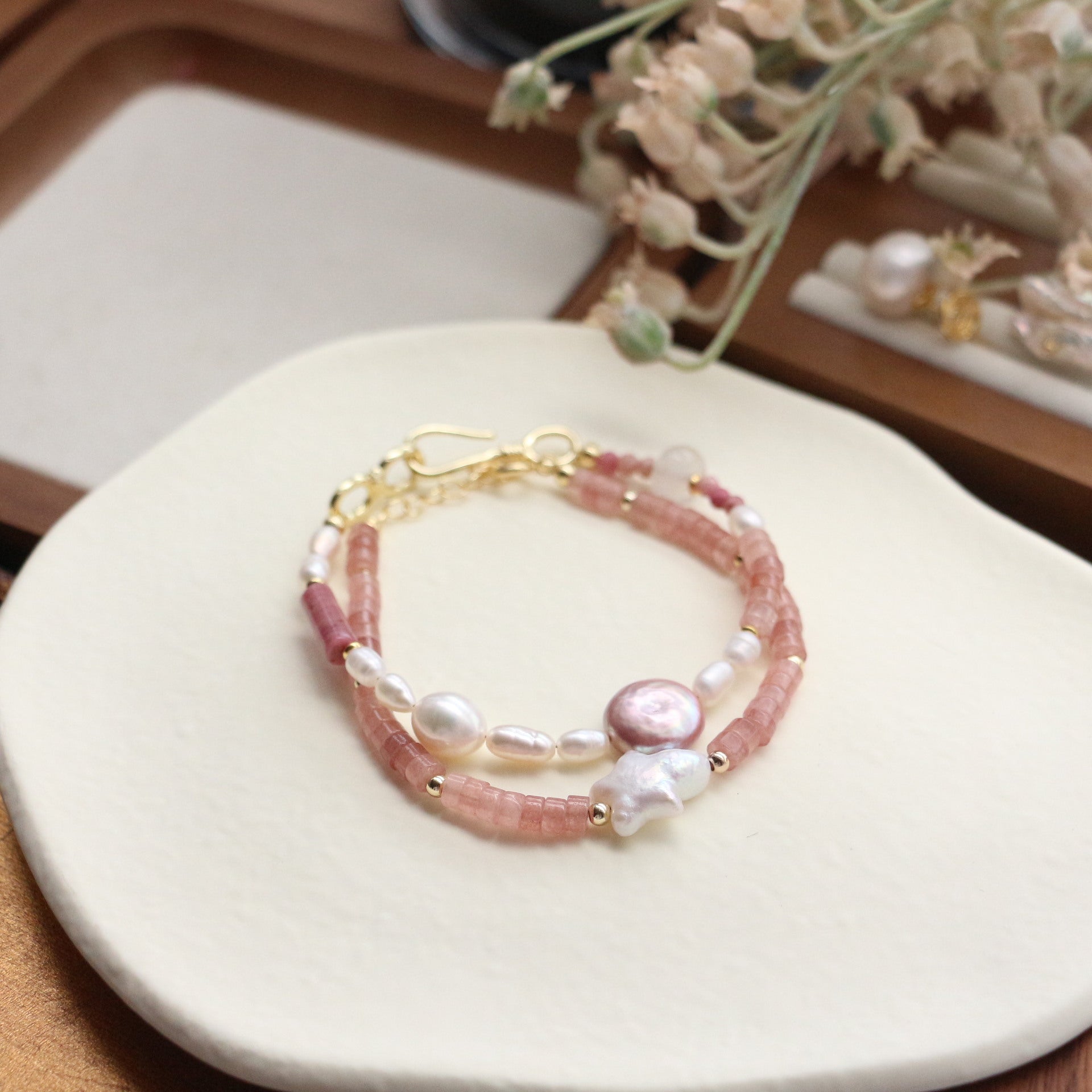 Jekira 6-Piece Rhodonite & Baroque Pearl Set