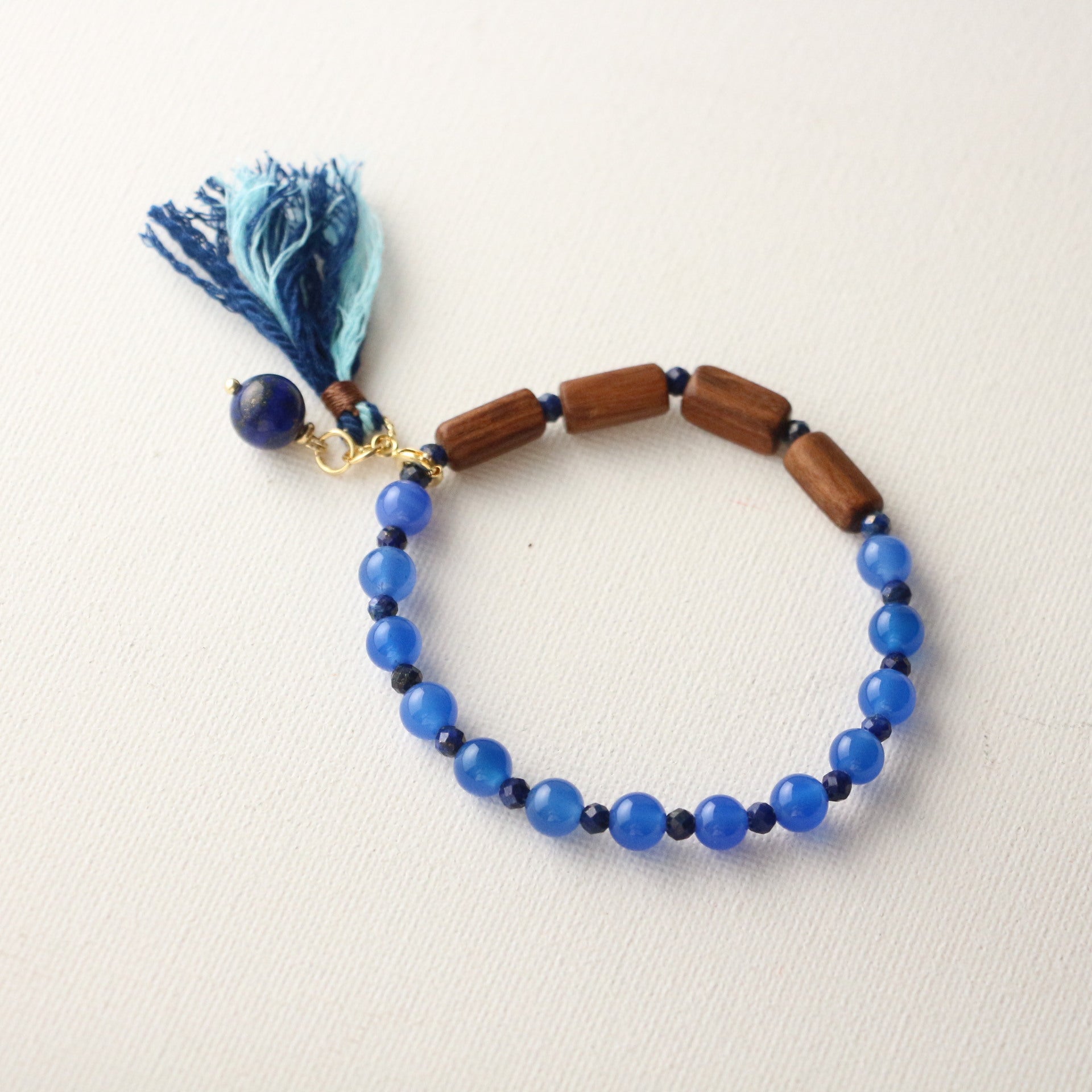 Jekira Blue Agate Lapis Lazuli Wood Bead Tassel Elastic Bracelet
