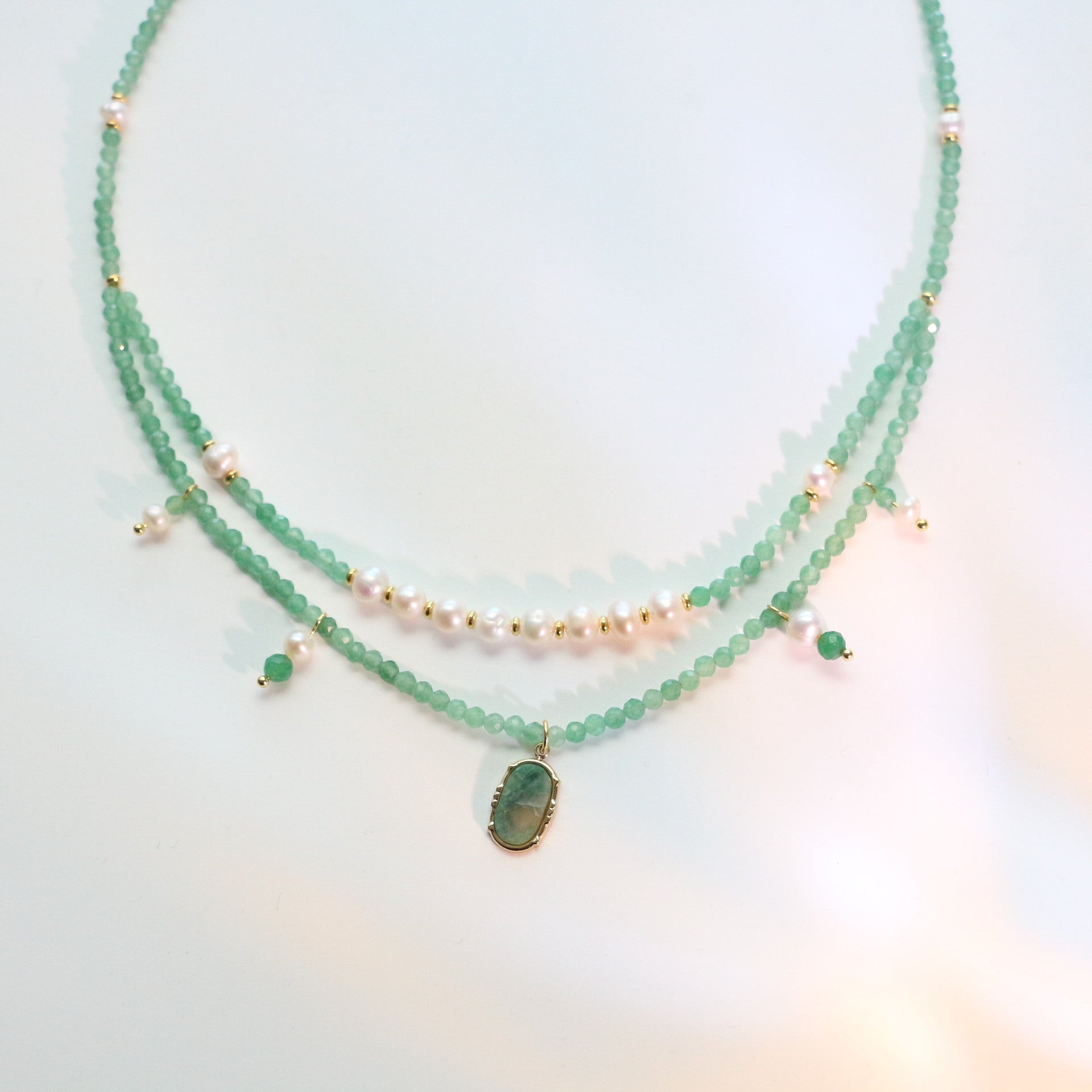 Jekira Royal Green Baroque Pearl Double Layer Necklace - Copper 18K Gold Plated