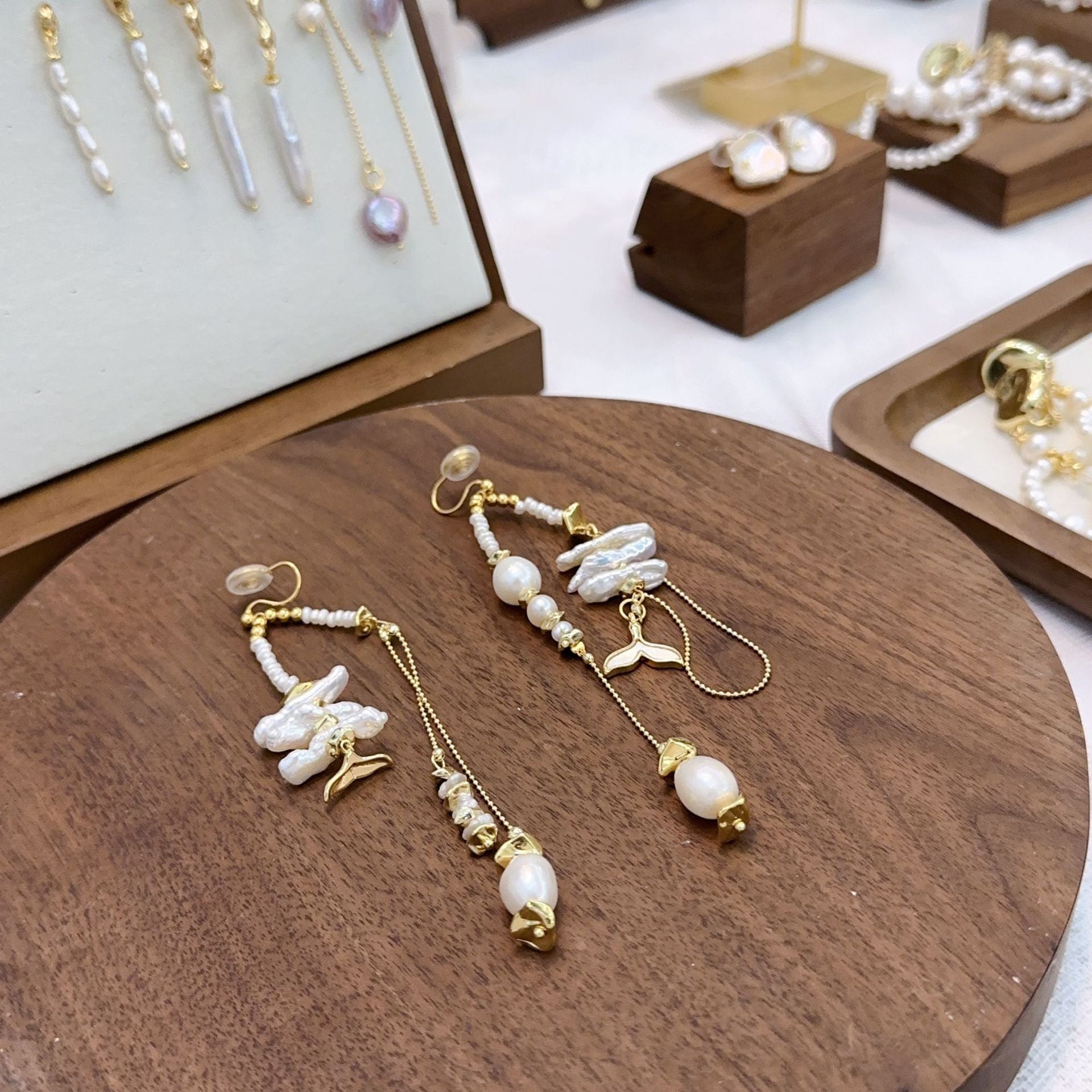 Jekira Baroque Pearl & Mermaid Tail Long Ear Clips