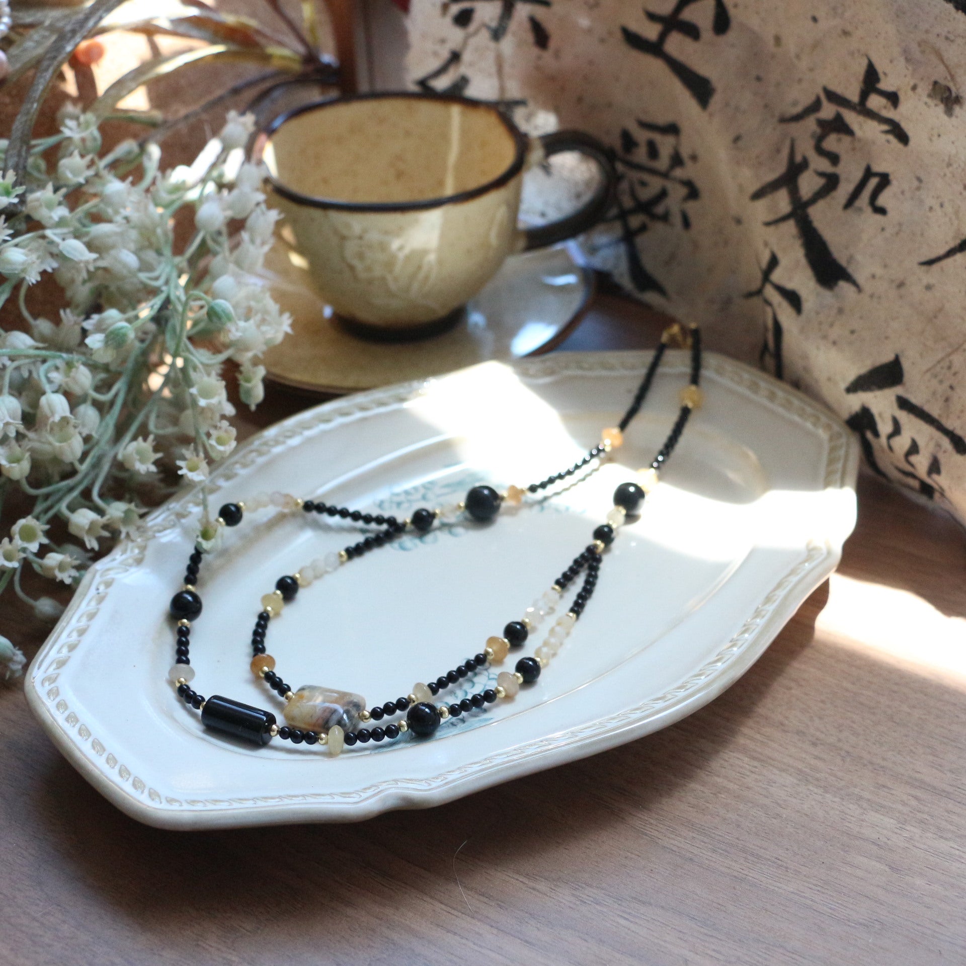 7A Grade Black Agate Double-Layer Beaded Necklace