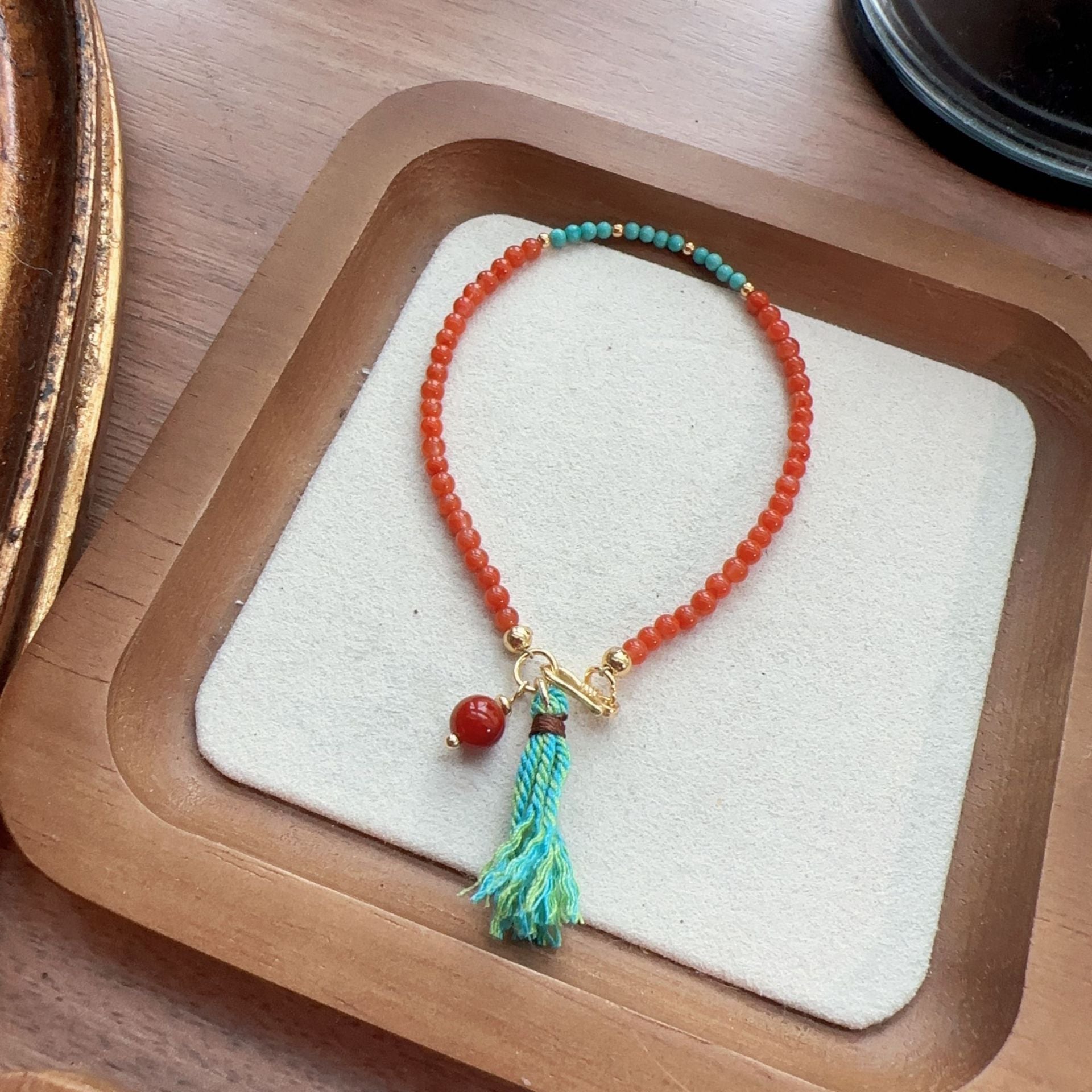 Jekira Red Agate & Turquoise Tassel Necklace with Adjustable 925 Silver Bracelet Set