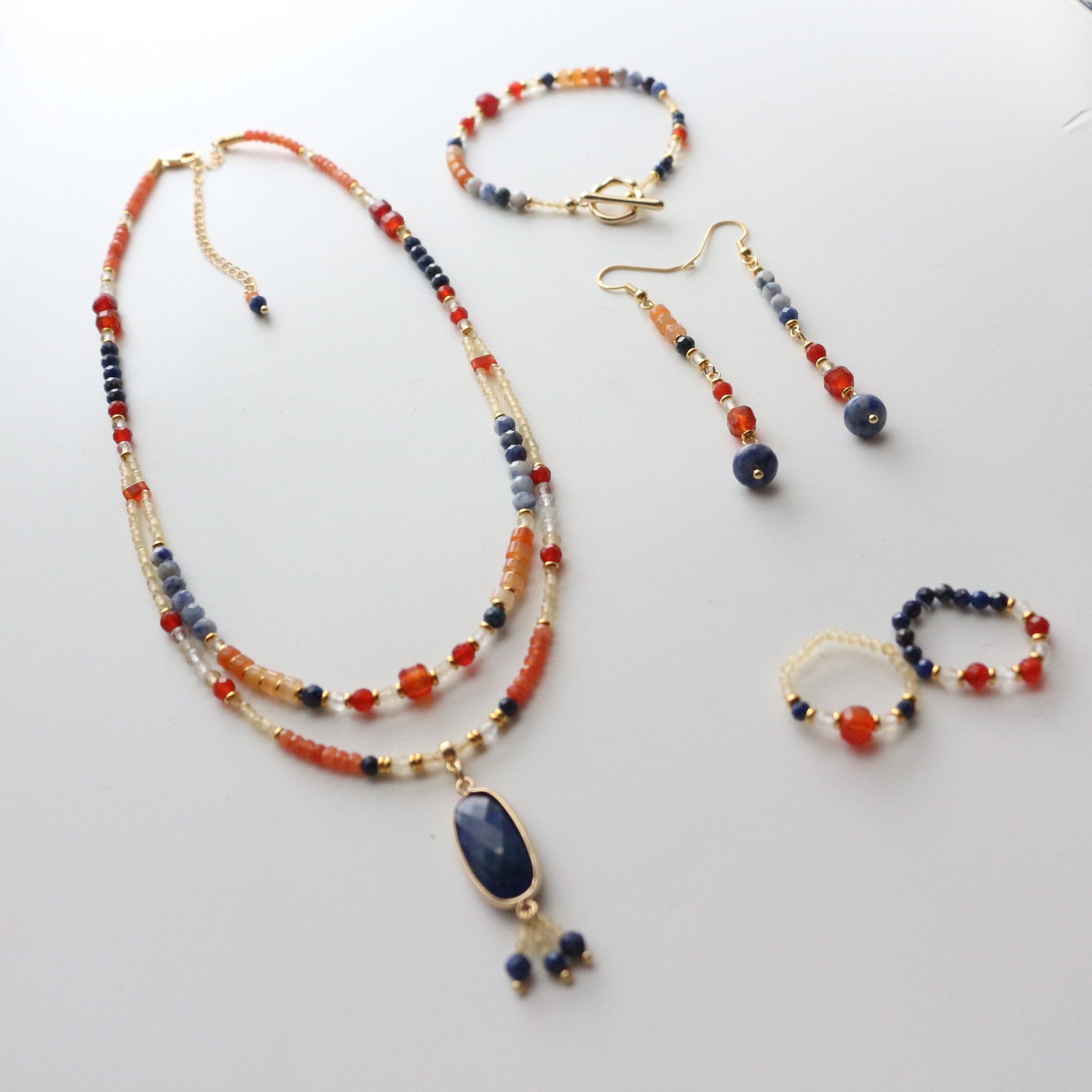 Jekira Lapis Lazuli & Gemstone Jewelry Set – Layered Necklace, Bracelet, Earrings & Rings