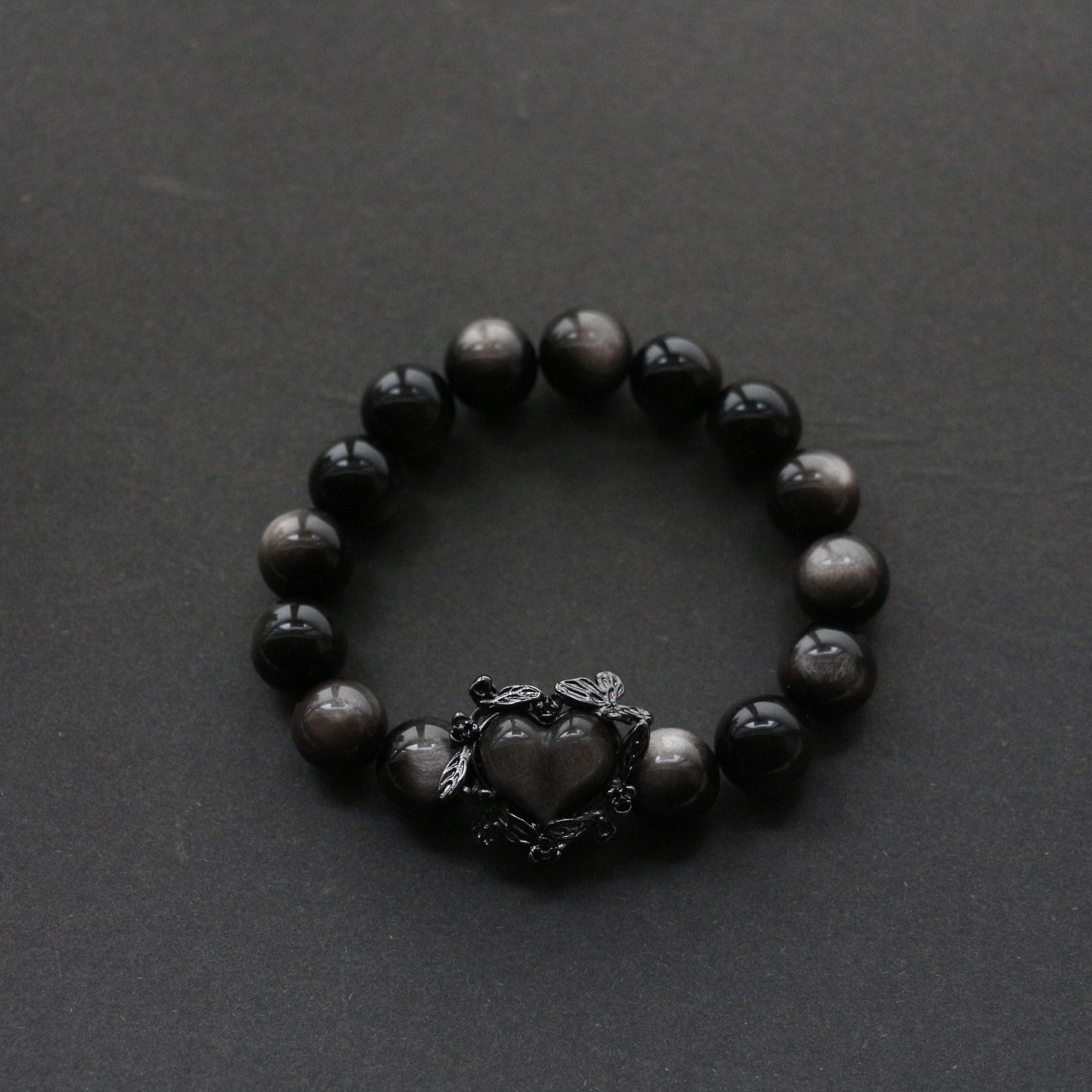 Jekira Obsidian Bracelet with Black Heart & Rose Detail