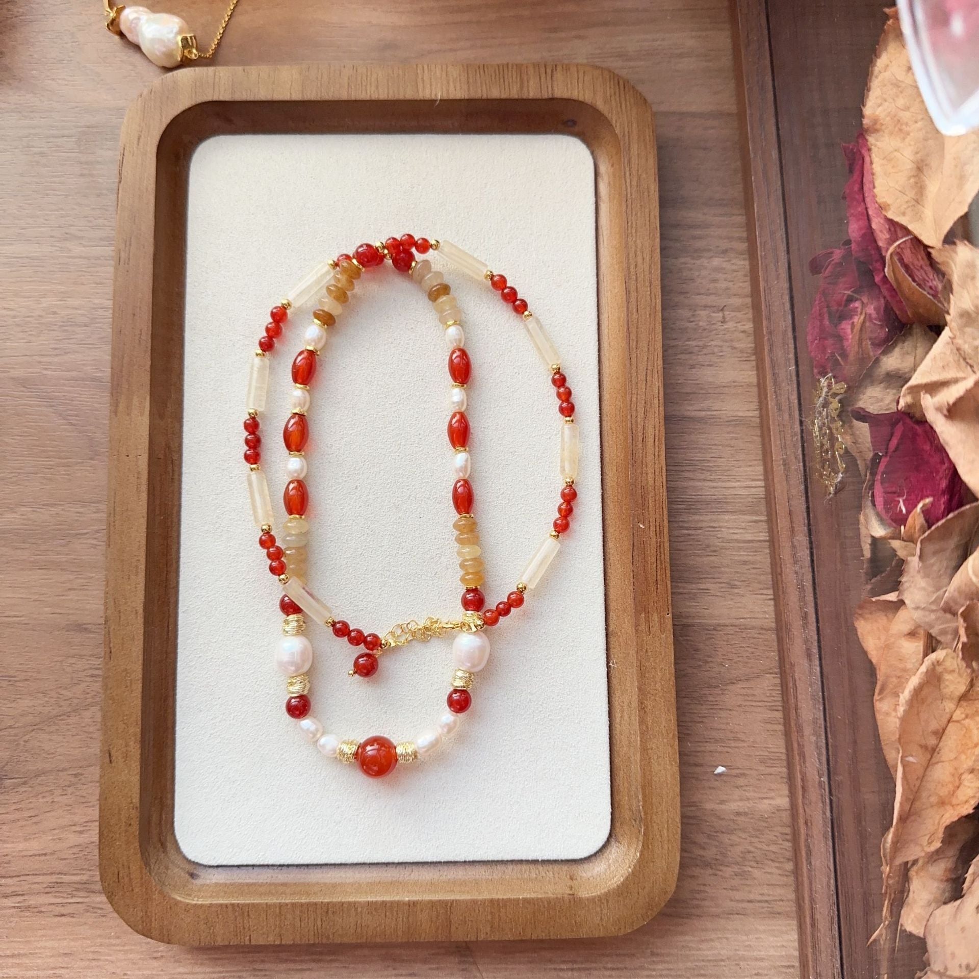 Jekira | Red Agate Long Beaded Necklace with Yellow Gemstone & Baroque Pearl – 56+6cm