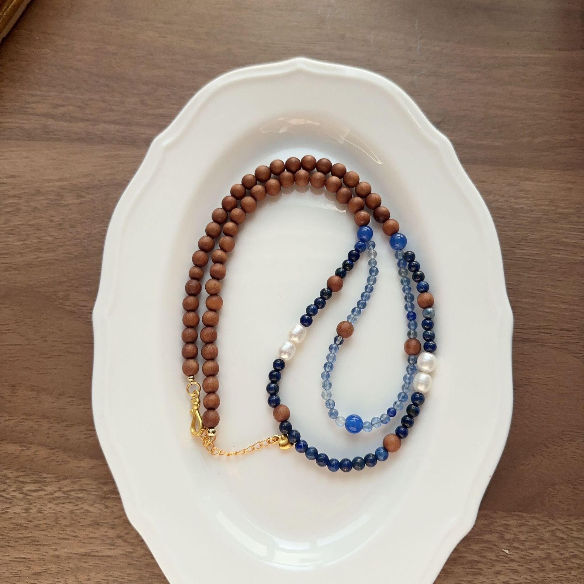 Jekira New Chinese-Style Sandalwood & Blue Agate Necklace Set