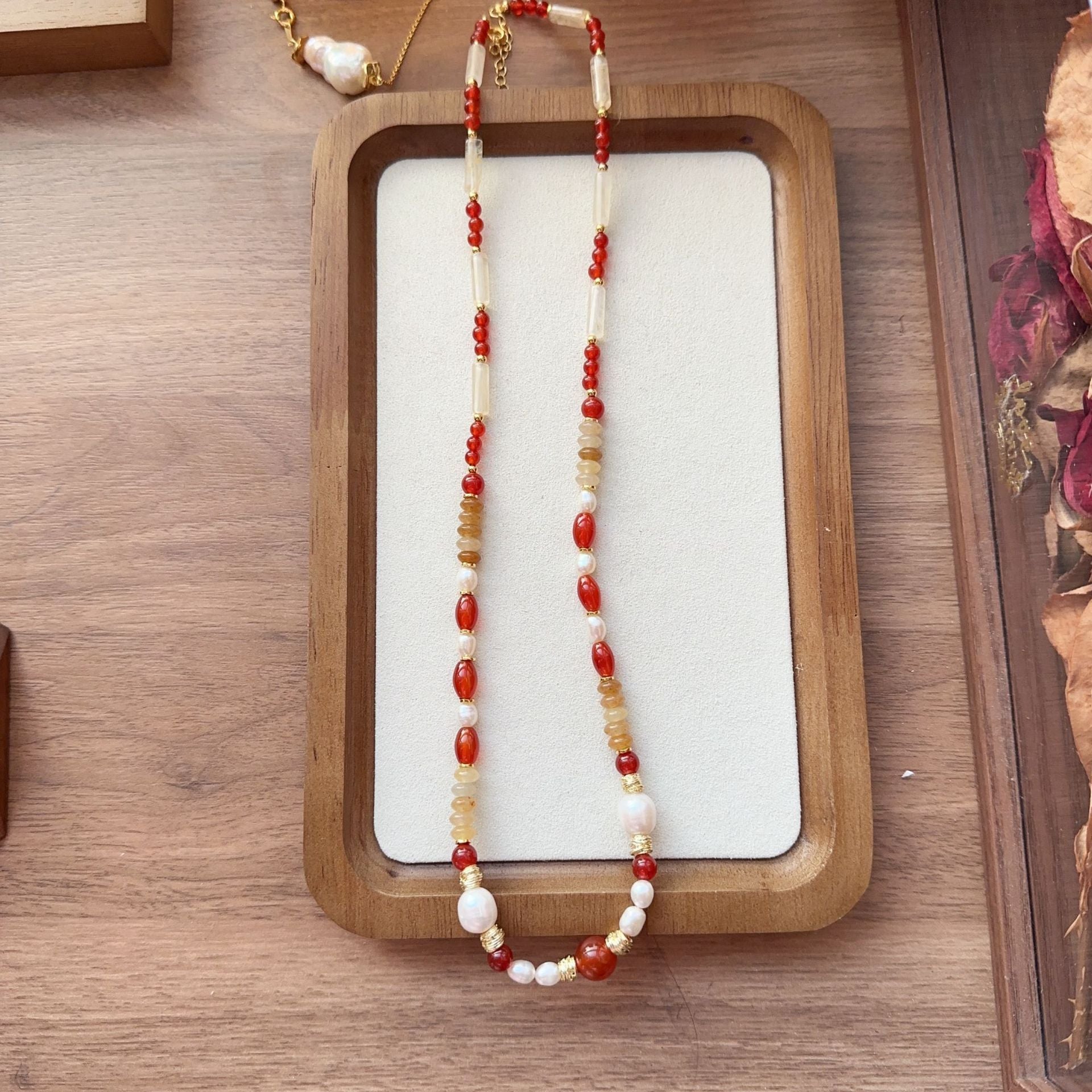 Jekira | Red Agate Long Beaded Necklace with Yellow Gemstone & Baroque Pearl – 56+6cm