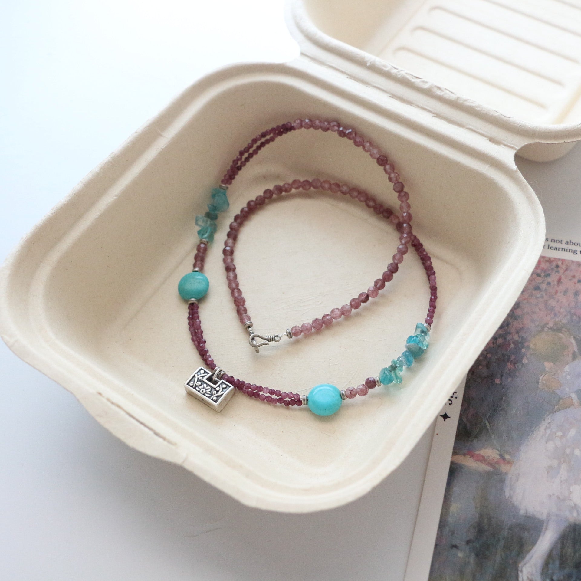 Jekira Lavender Stone & Turquoise Silver Necklace Set with 999 Pure Silver Lock Pendant