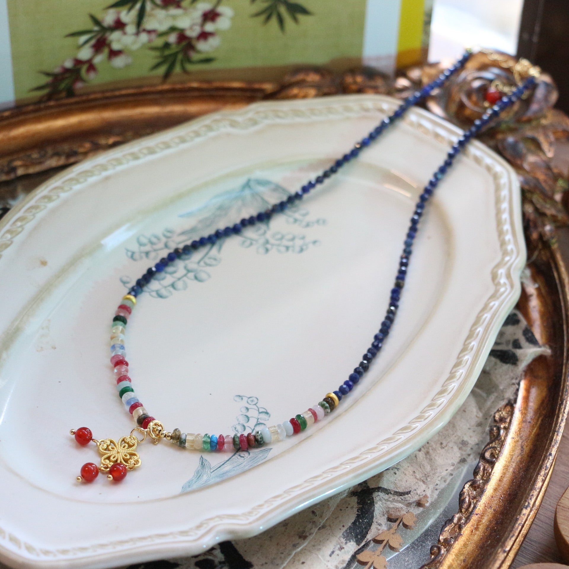 Jekira Chinese-Style Lapis Lazuli & Agate Necklace