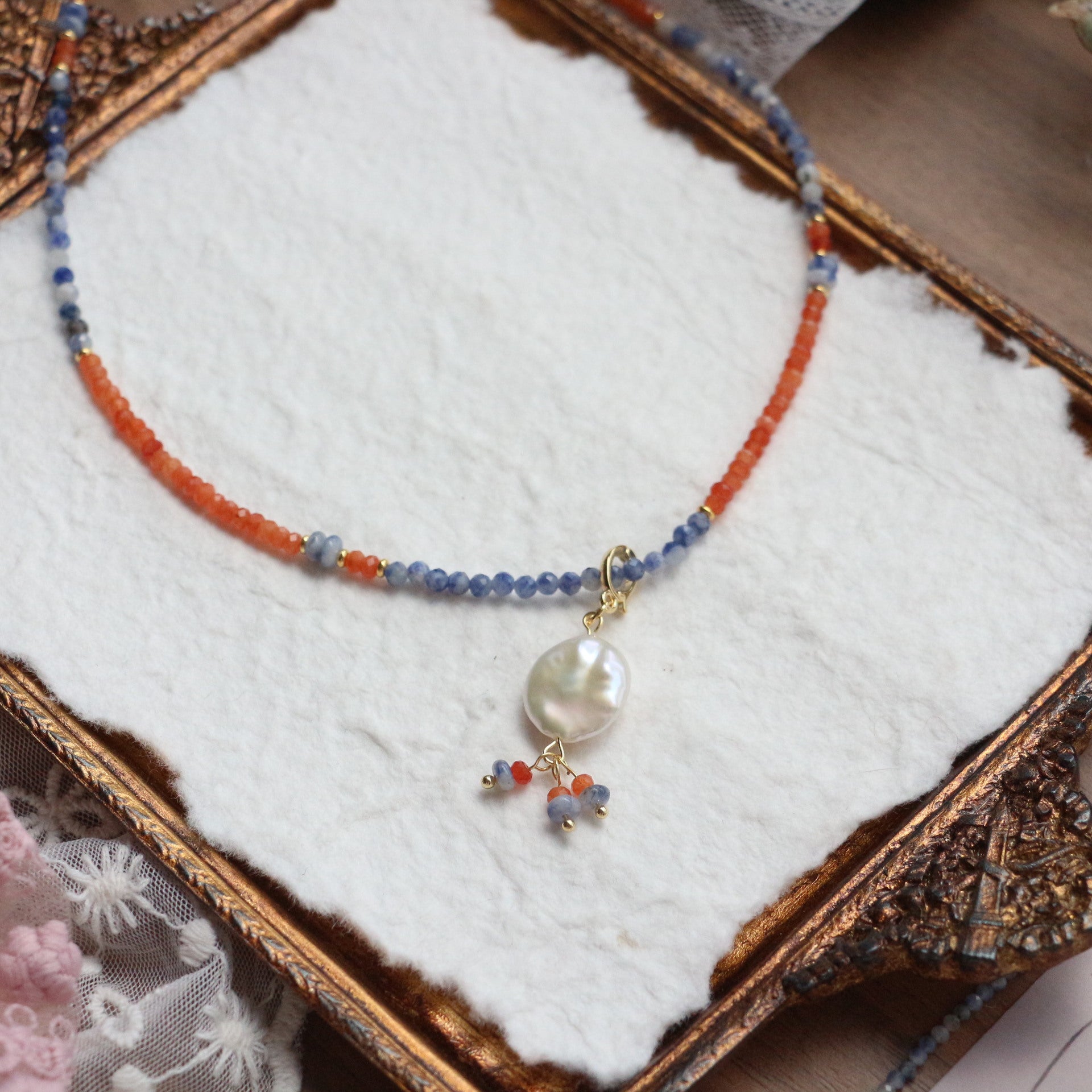 Jekira Retro Chinese Orange & Blue Gemstone Pearl Necklace
