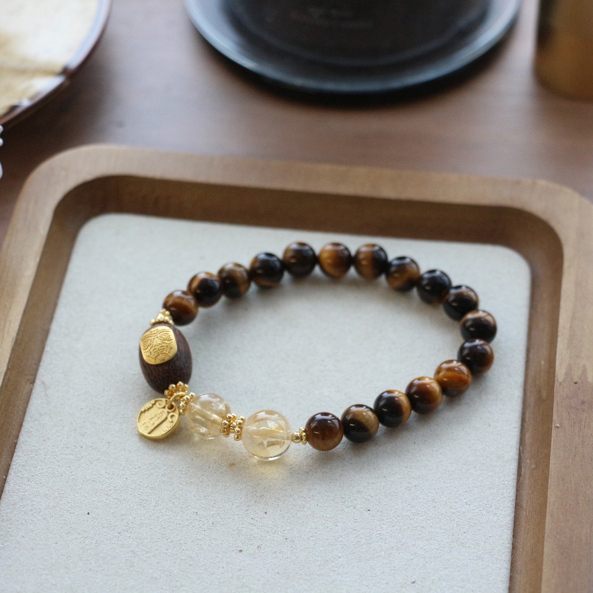 Jekira Tiger Eye Citrine Wood Bead Gold Plated Chain Bracelet 16cm