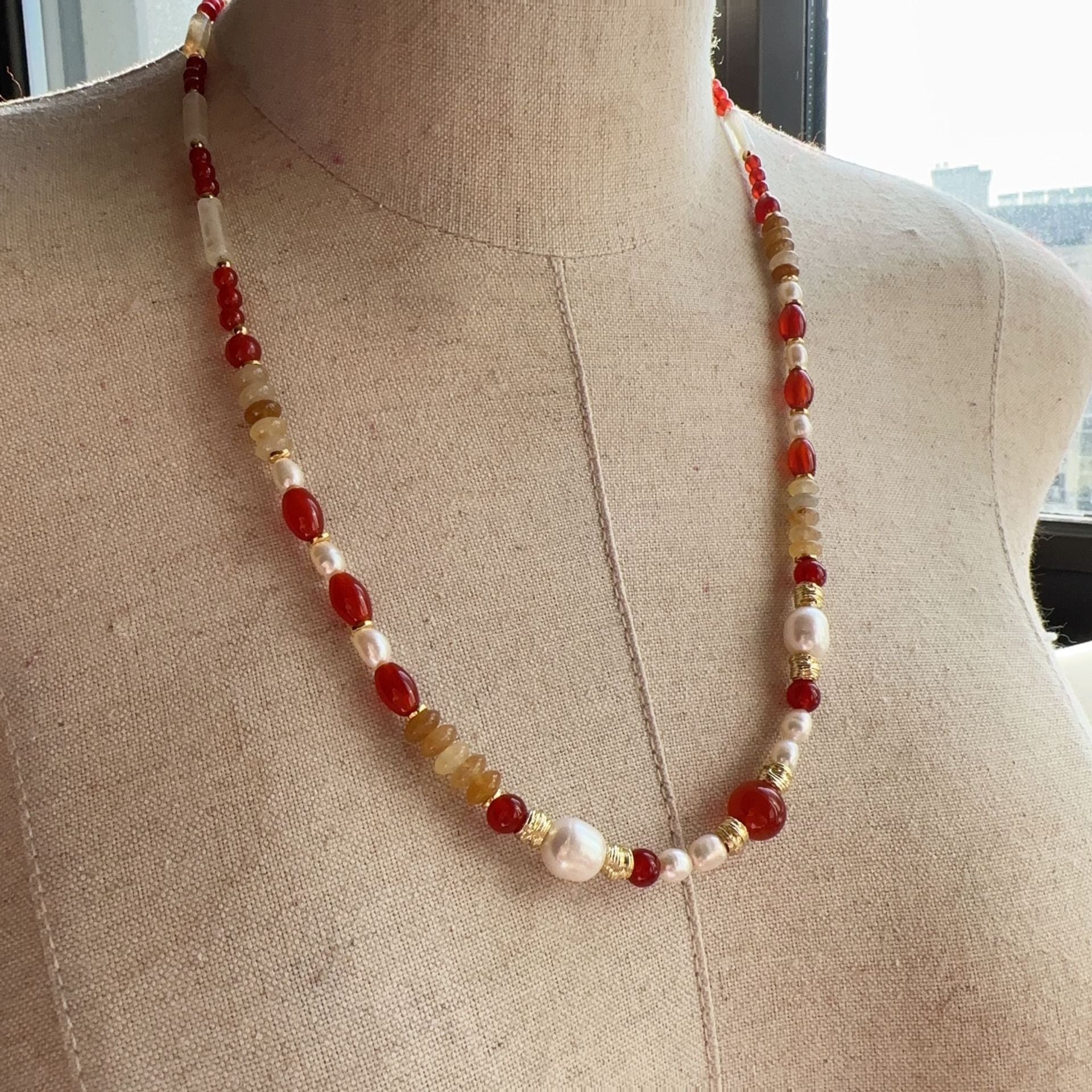 Jekira | Red Agate Long Beaded Necklace with Yellow Gemstone & Baroque Pearl – 56+6cm