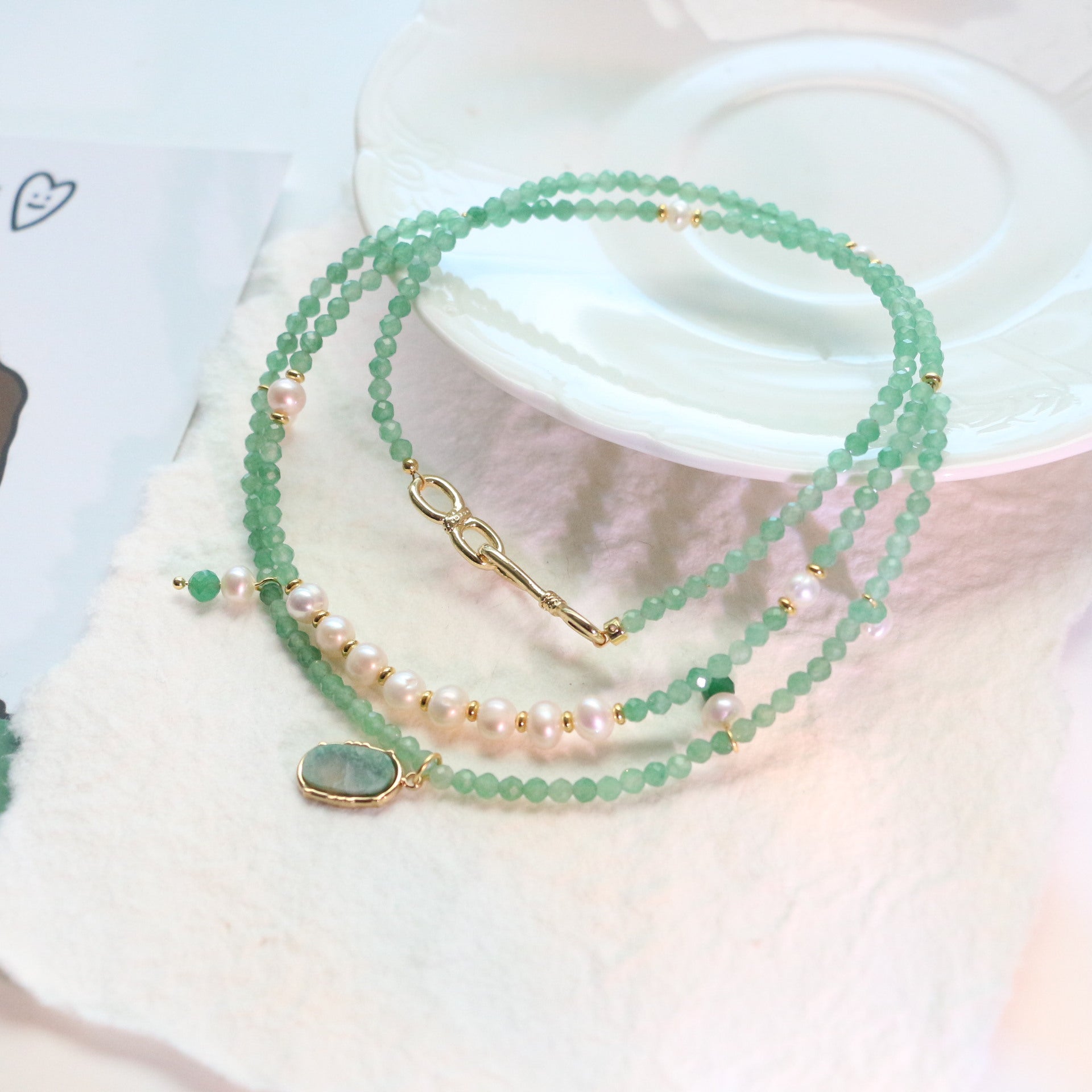 Jekira Royal Green Baroque Pearl Double Layer Necklace - Copper 18K Gold Plated