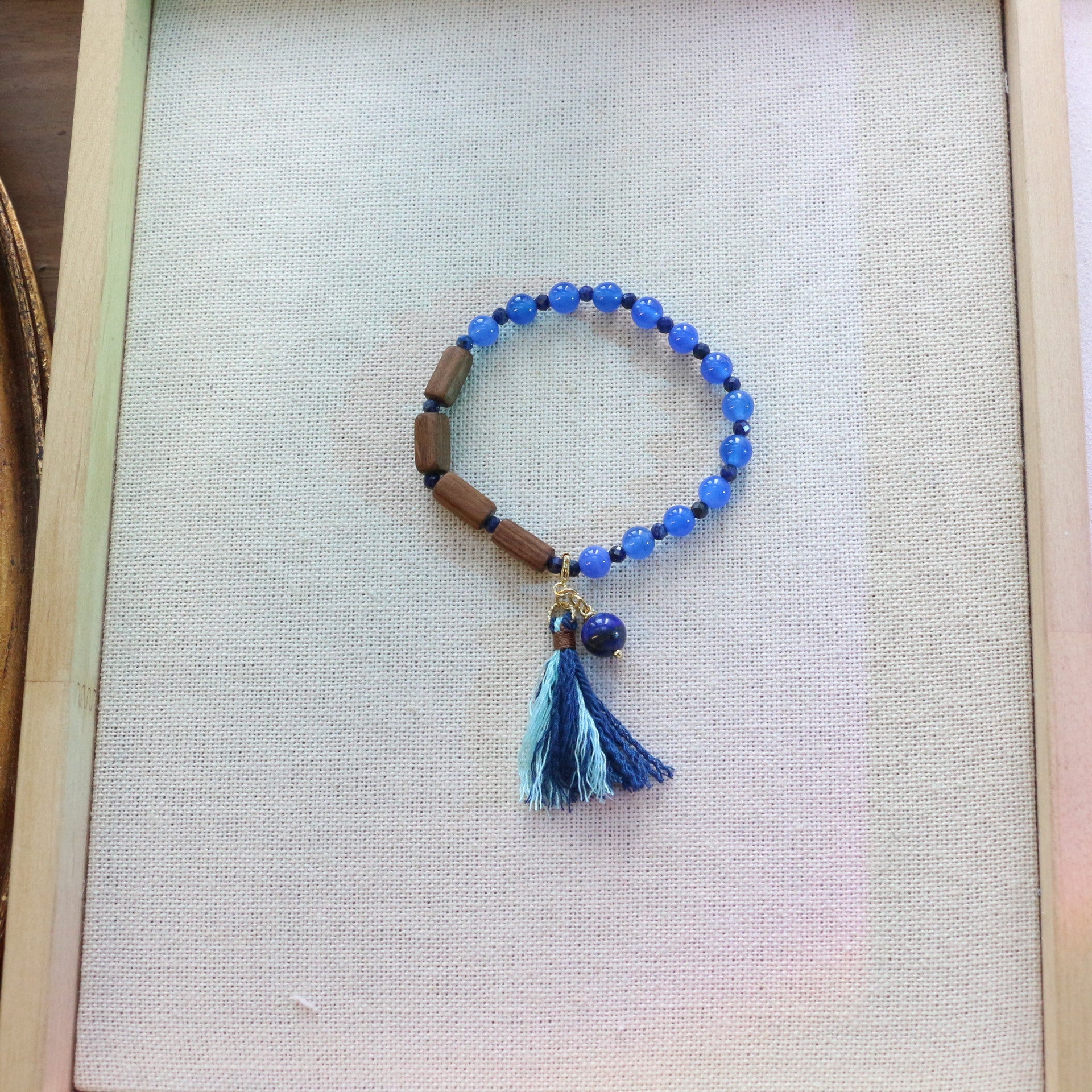 Jekira Blue Agate Lapis Lazuli Wood Bead Tassel Elastic Bracelet