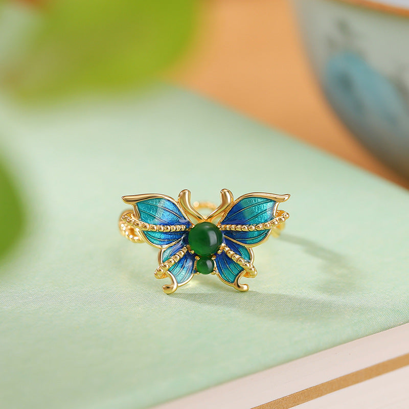 S925 sterling silver jade butterfly ring