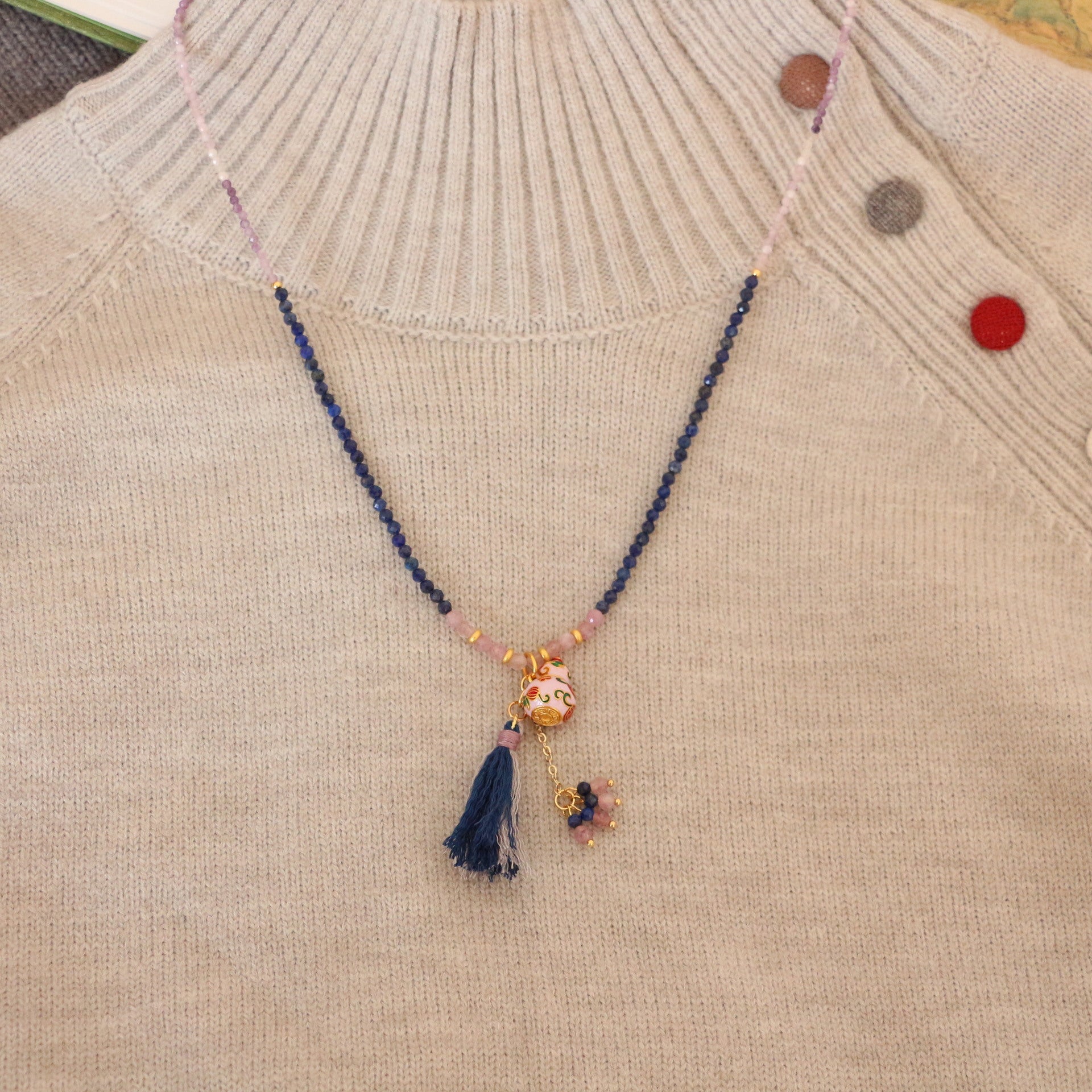 Jekira Lapis Lazuli & Amethyst Enamel Gourd Tassel Necklace – Sand Gold Luxury