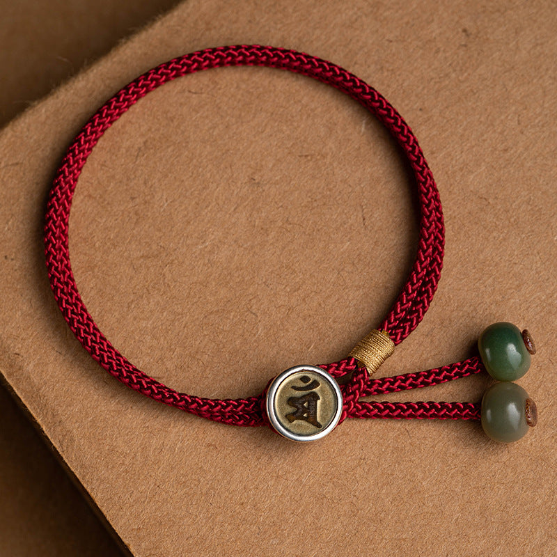 925 Sterling Silver Handmade Chinese Zodiac Natal Buddha Cyan Bodhi Seed Protection Braided Red String Bracelet